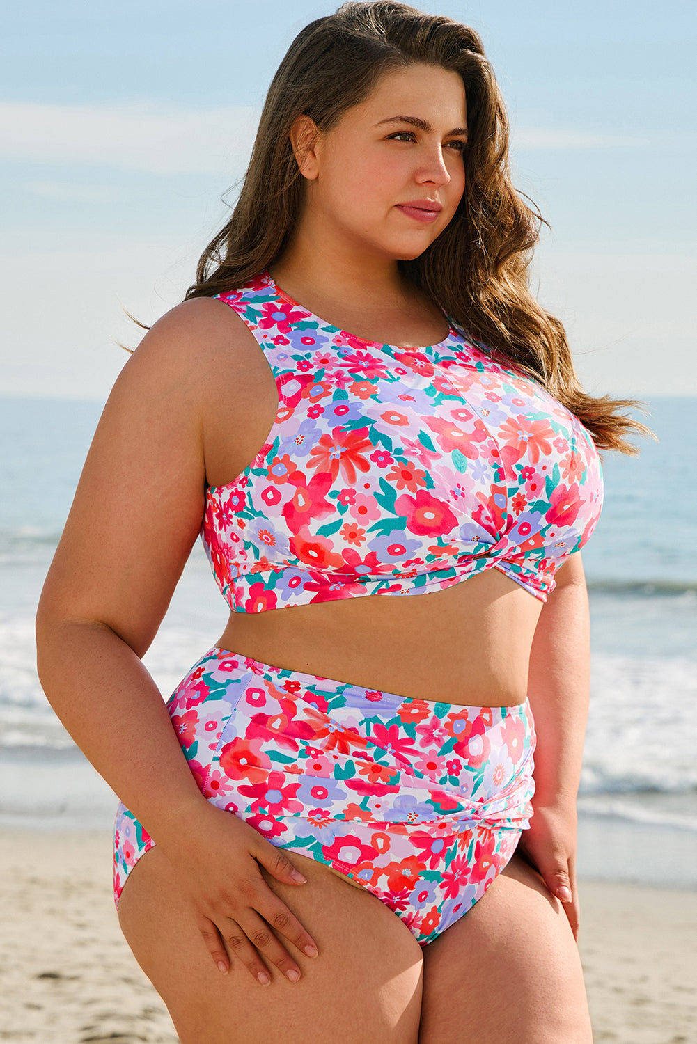 Plus Size Floral Twisted High Waist Bikini Set