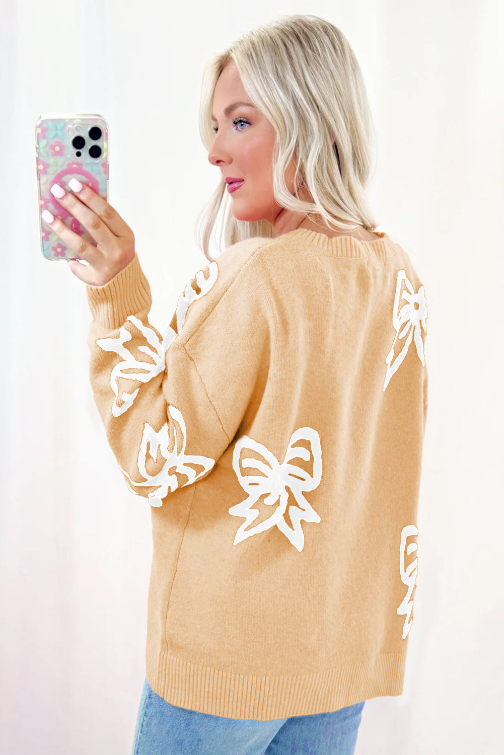 Bow Pattern Drop Shoulder Loose Sweater