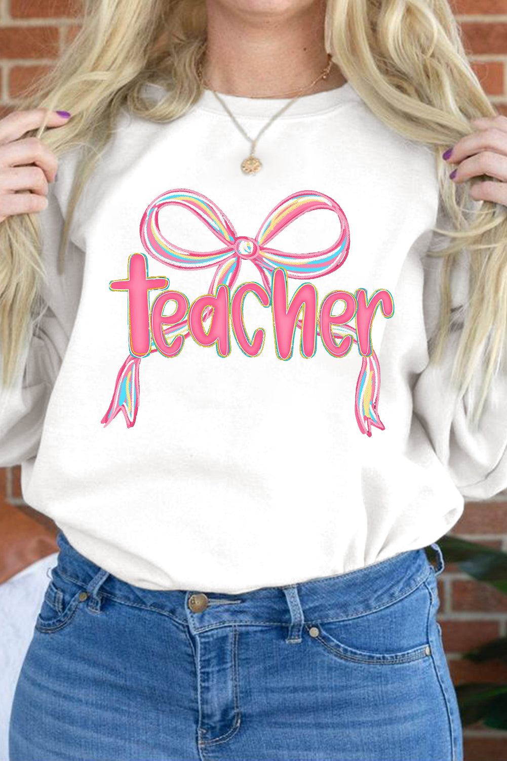 Teacher Bow Graphic Pullover Sweatshirt