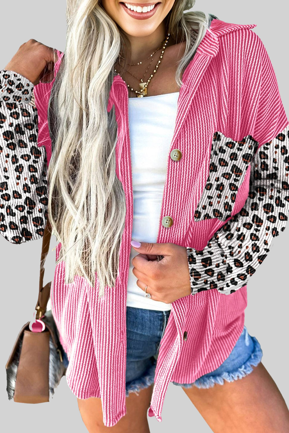 Leopard Patched Twisted Ribbed Western Casual Jacket
