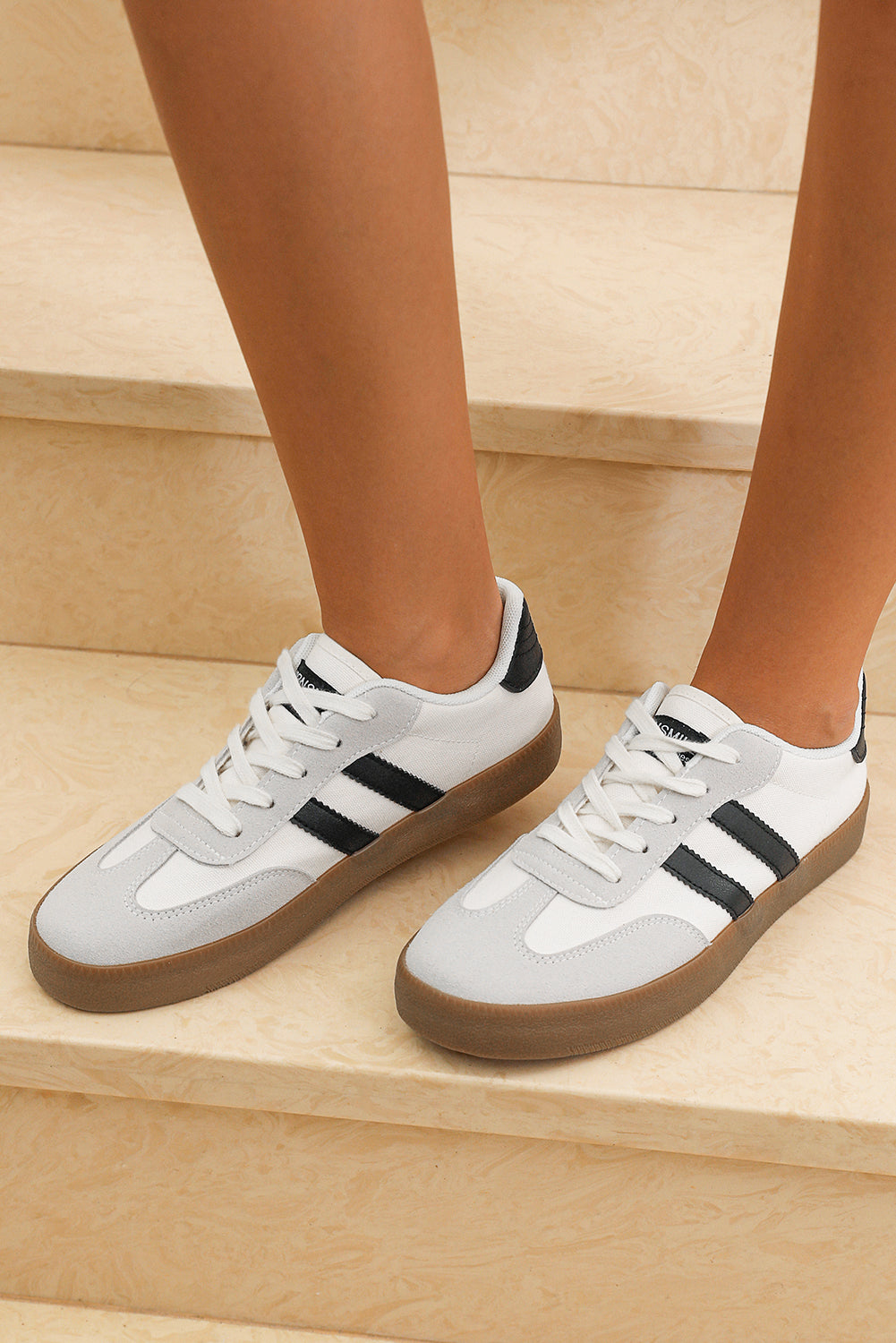 White Striped Lace-Up Flat Sneakers