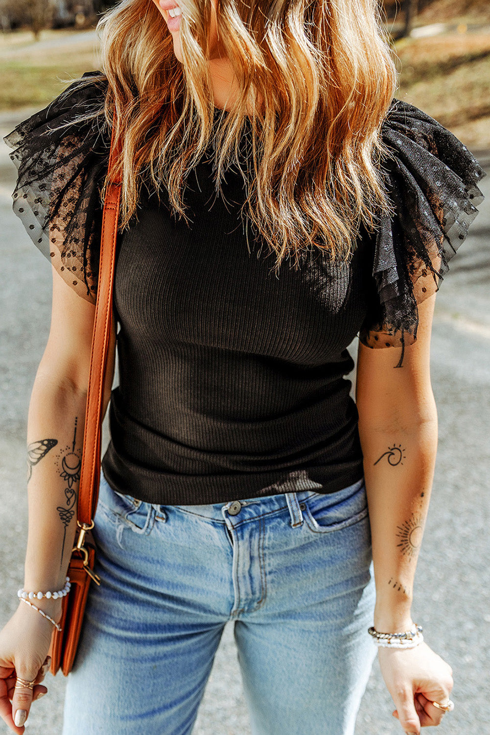 Dotty Mesh Ruffle Sleeve Ribbed Top