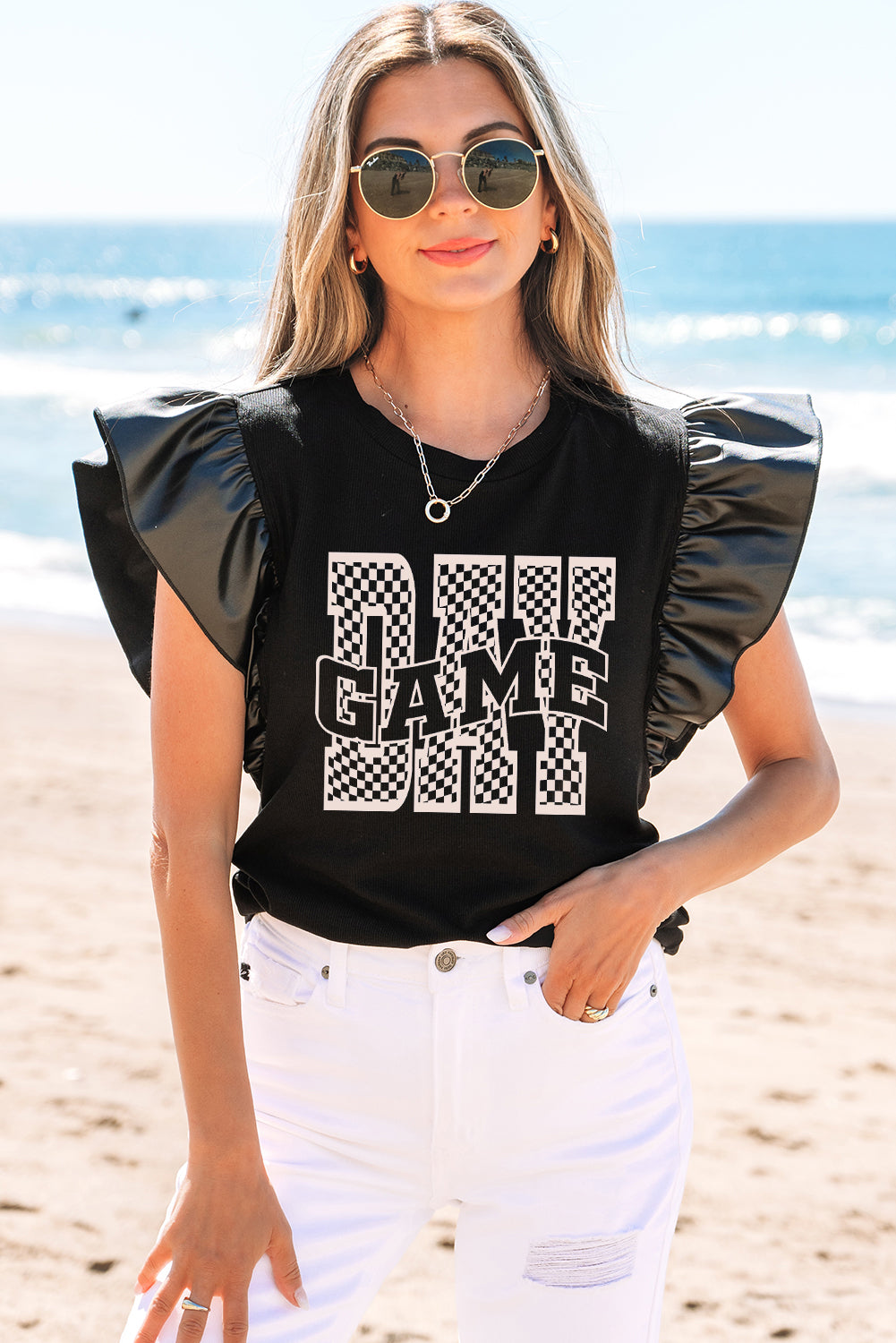 Black GAME DAY Checkered Letter Graphic Leatherette Ruffle Sleeve Top
