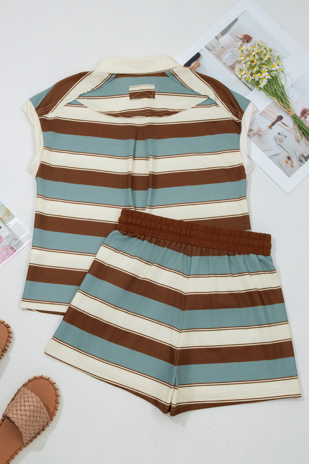 Striped Button Polo Tee 2pcs Short Set