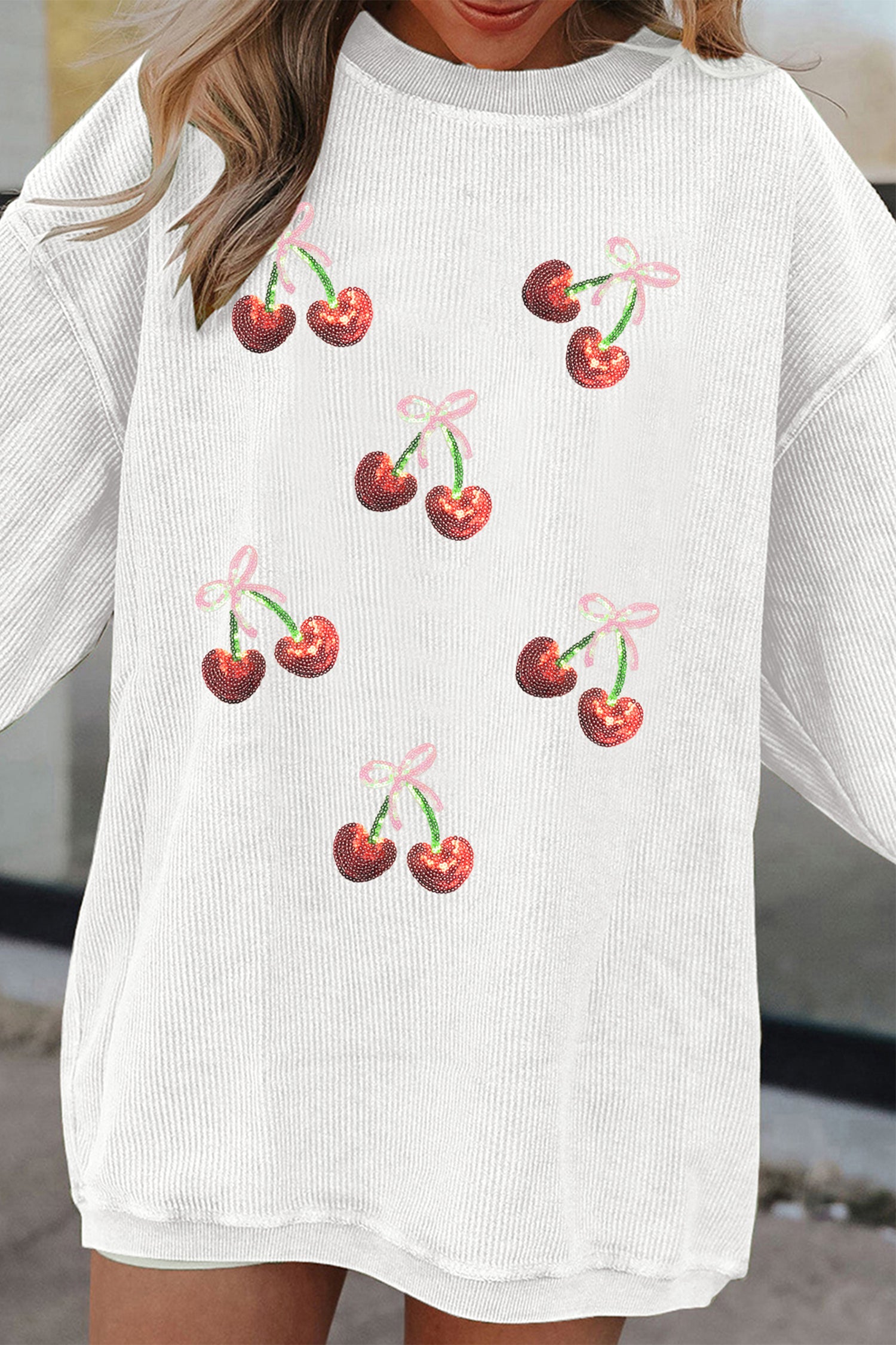 Ribbed Sequin Cherry Bow Drop Shoulder Sweatshirt