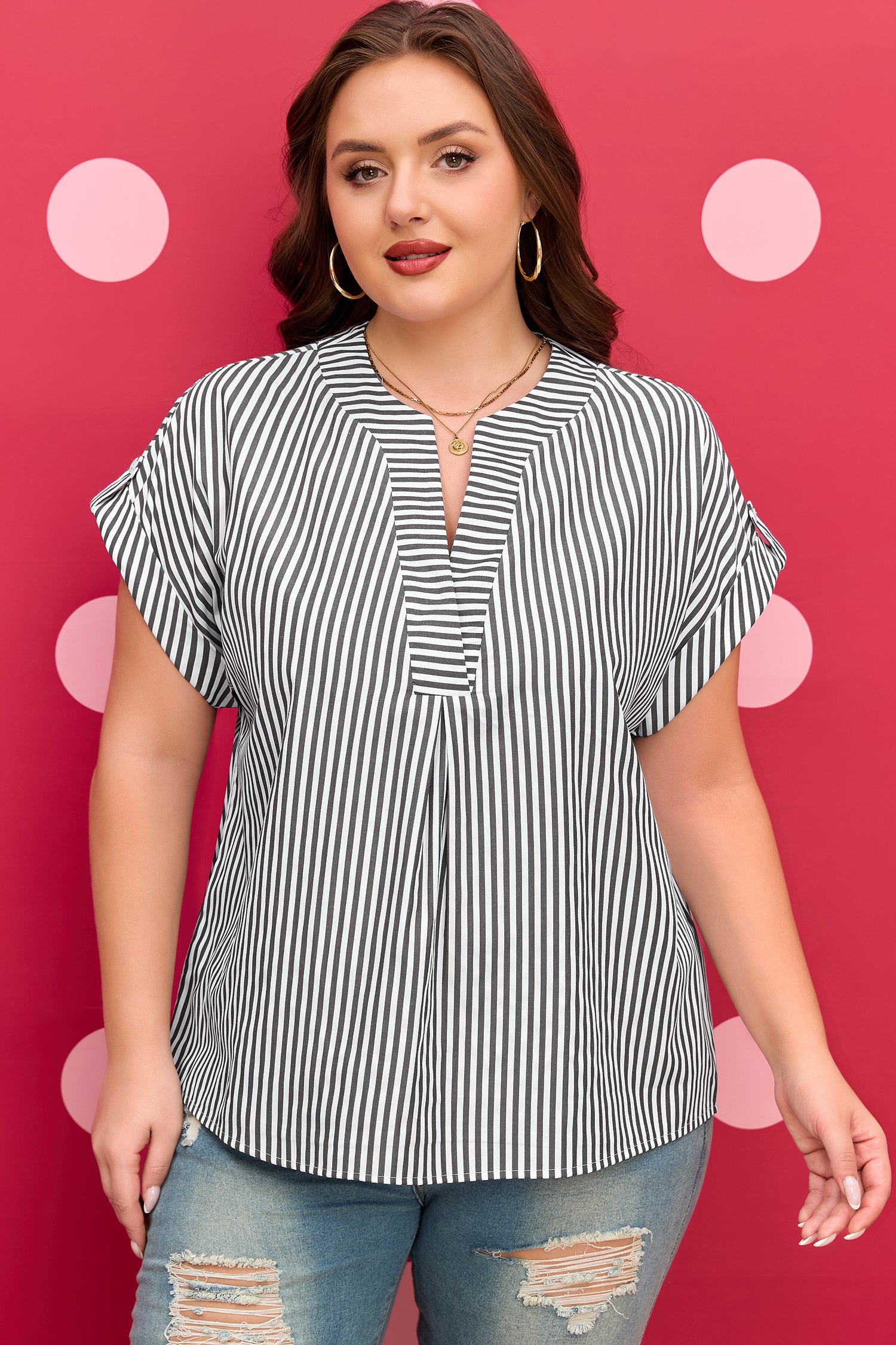 Black Stripe Plus Size V Neck Roll-tab Short Dolman Sleeve Blouse