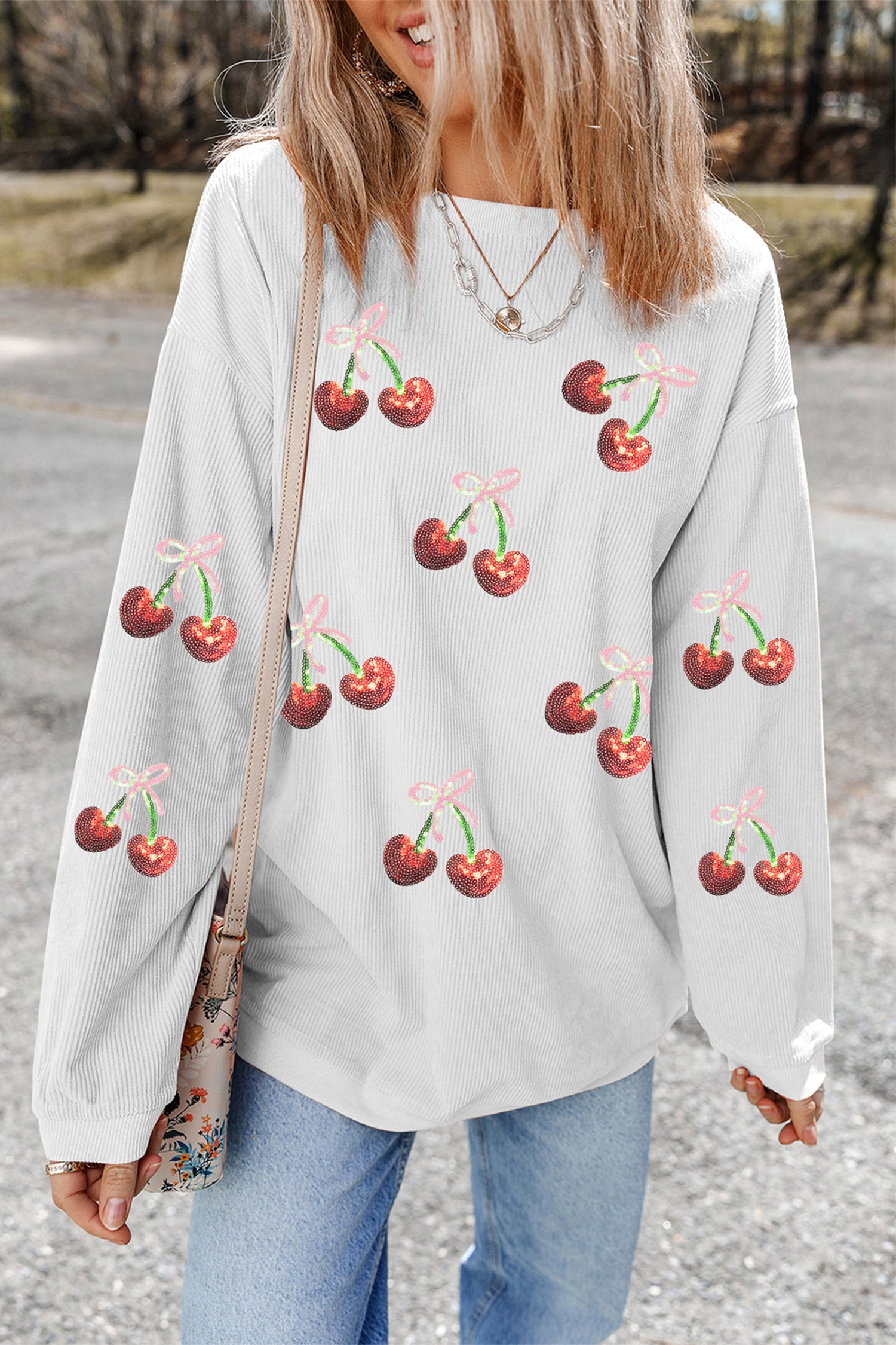 Ribbed Sequin Cherry Bow Drop Shoulder Sweatshirt