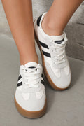 White Striped Lace-Up Flat Sneakers