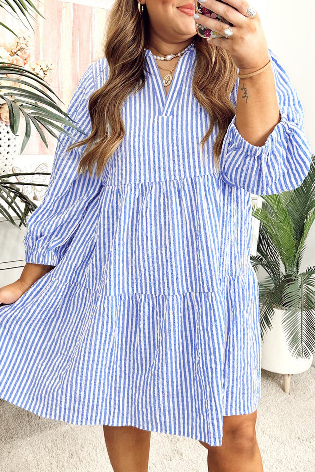 Plus Size Stiped Puff Sleeve Tiered Curvy Dress