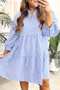 Plus Size Stiped Puff Sleeve Tiered Curvy Dress