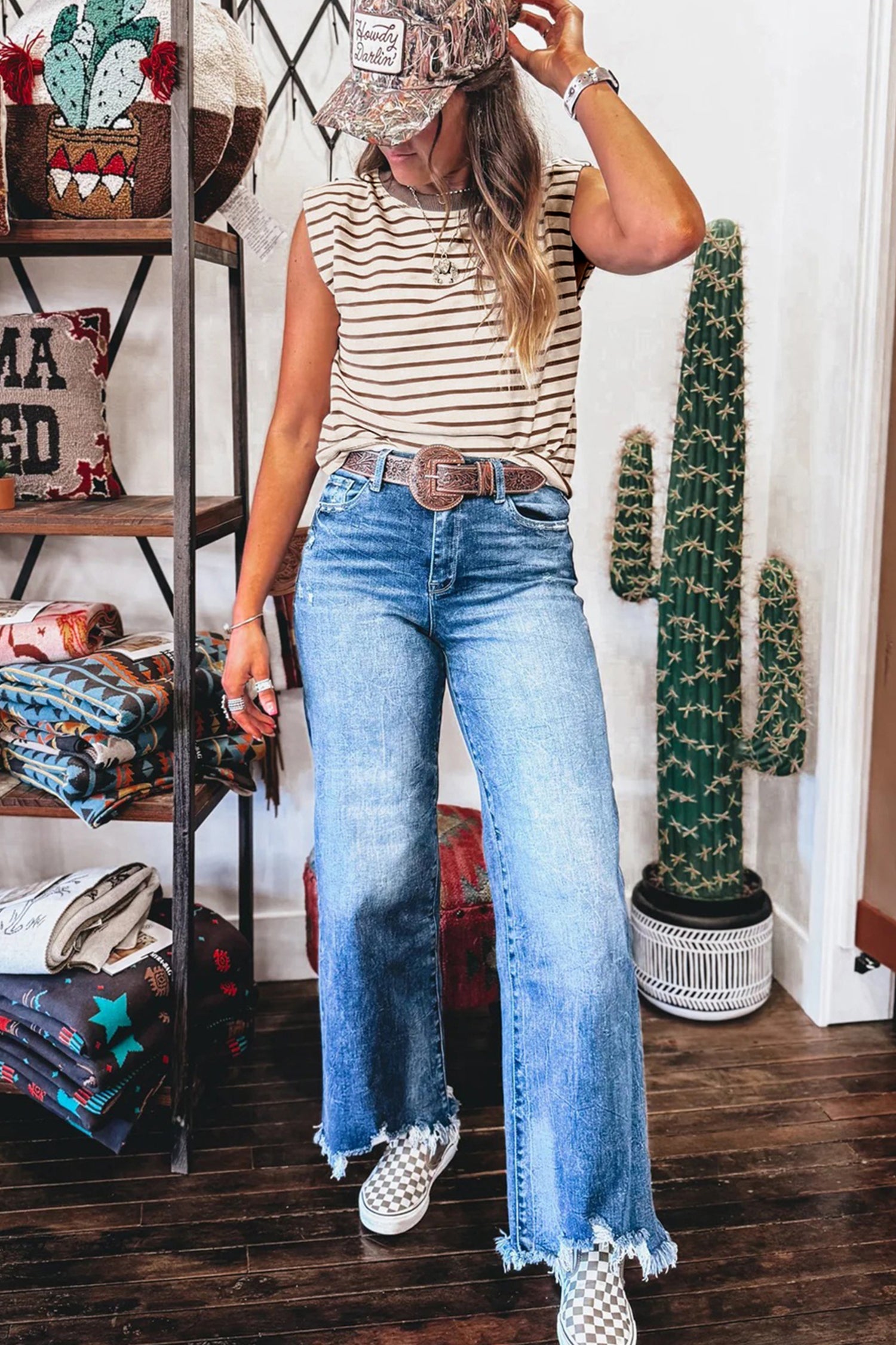 Brown Stripe Ribbed Round Neck Trim Loose Tank Top