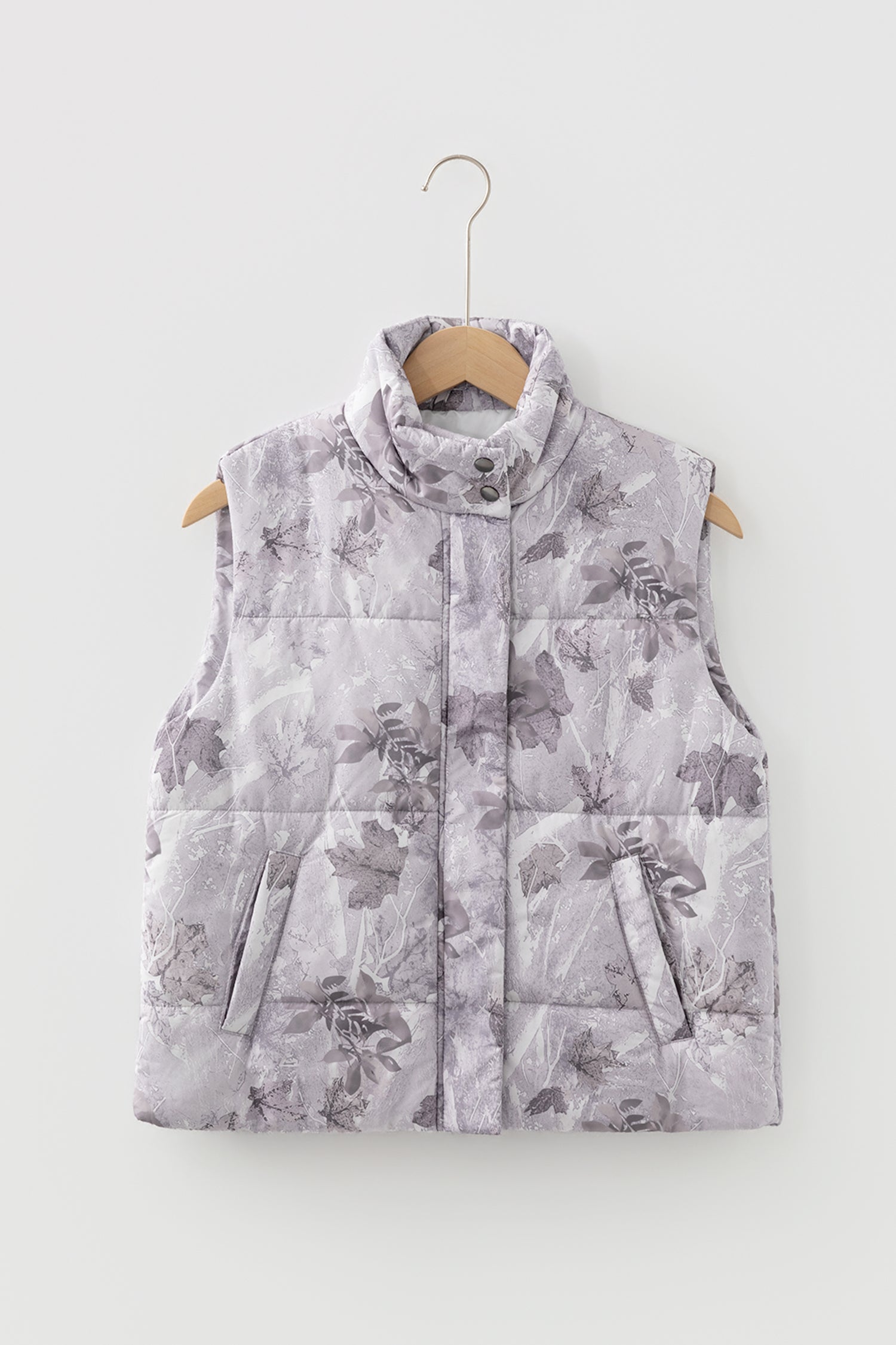 Brown Camo Leaf Print Winter Puffer Vest