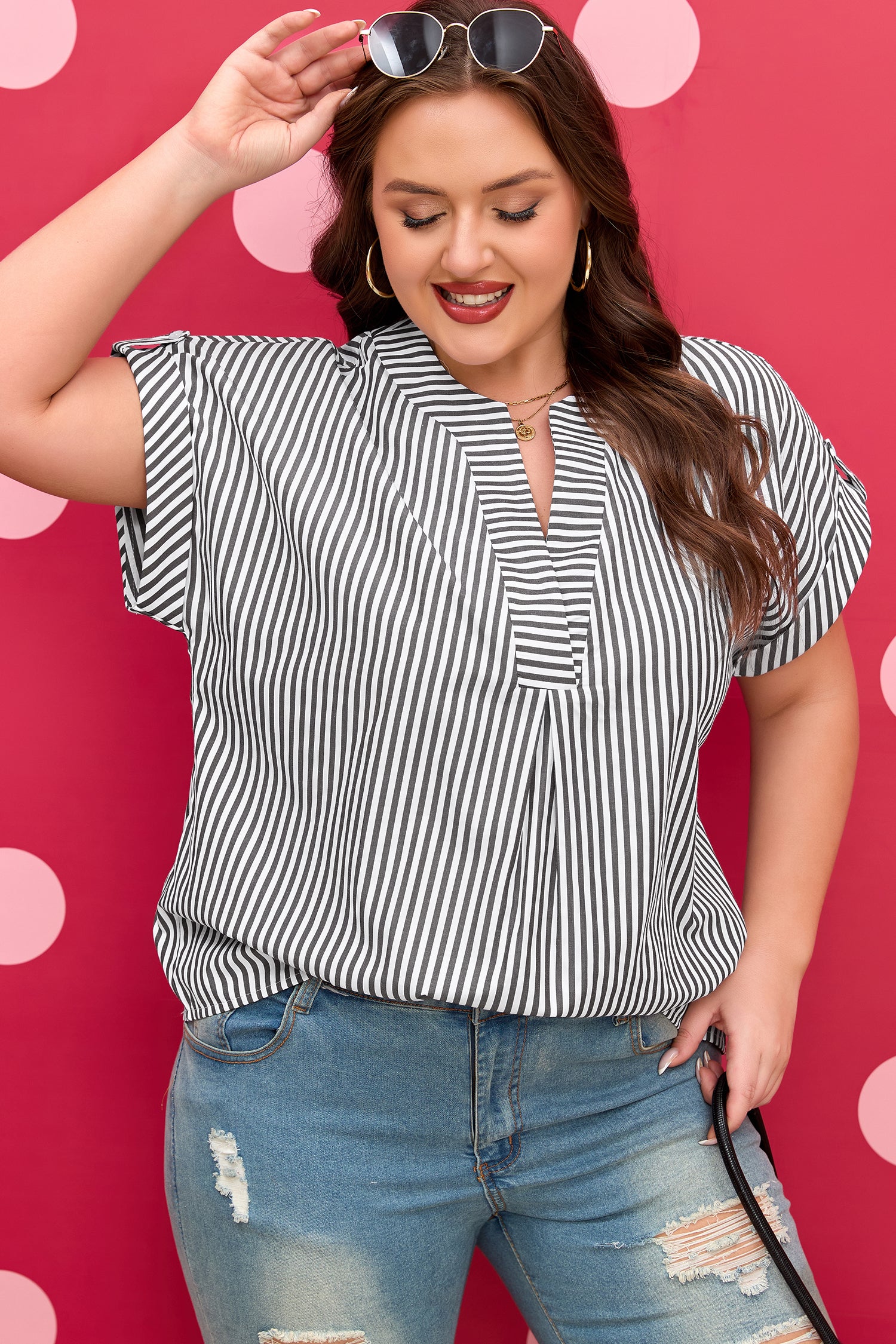 Black Stripe Plus Size V Neck Roll-tab Short Dolman Sleeve Blouse