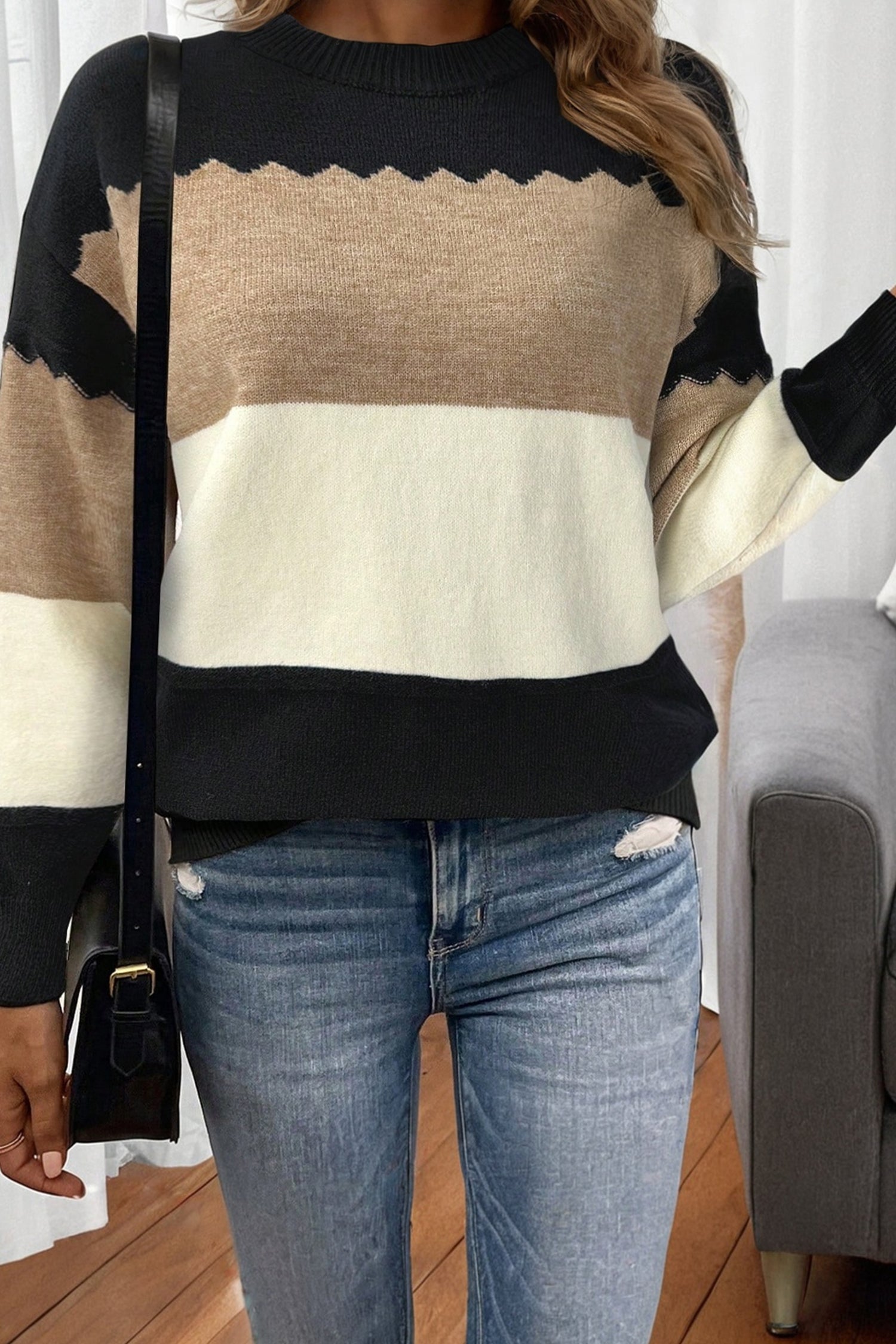 Brown Colorblock Crew Neck Drop Shoulder Sweater