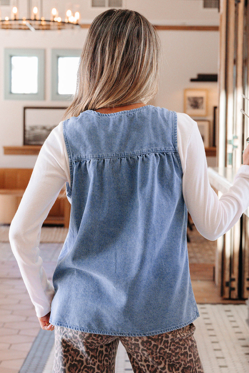 Denim Pleated Patchwork Sleeveless Top