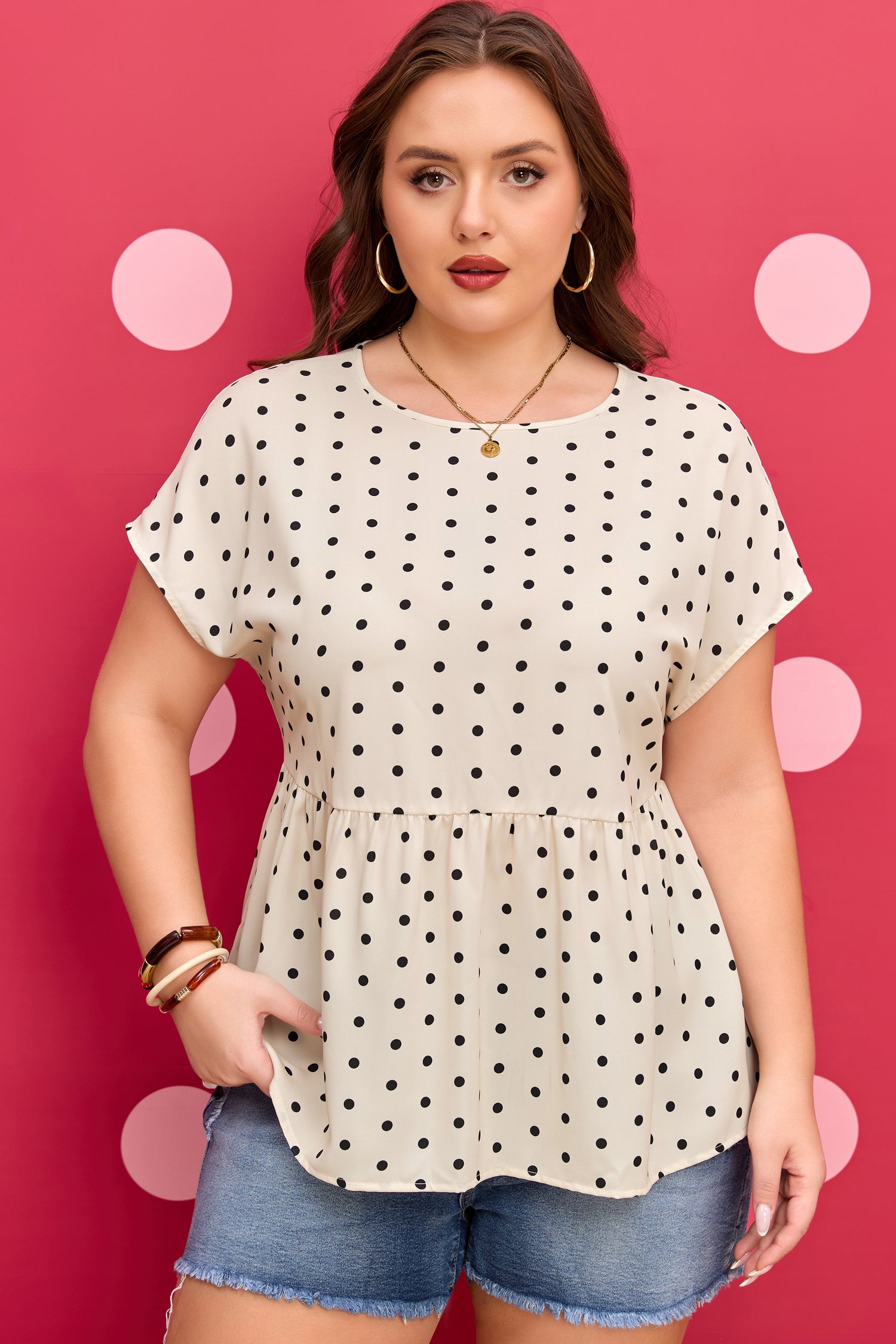 Plus Size Polka Dot Short Sleeve Blouse