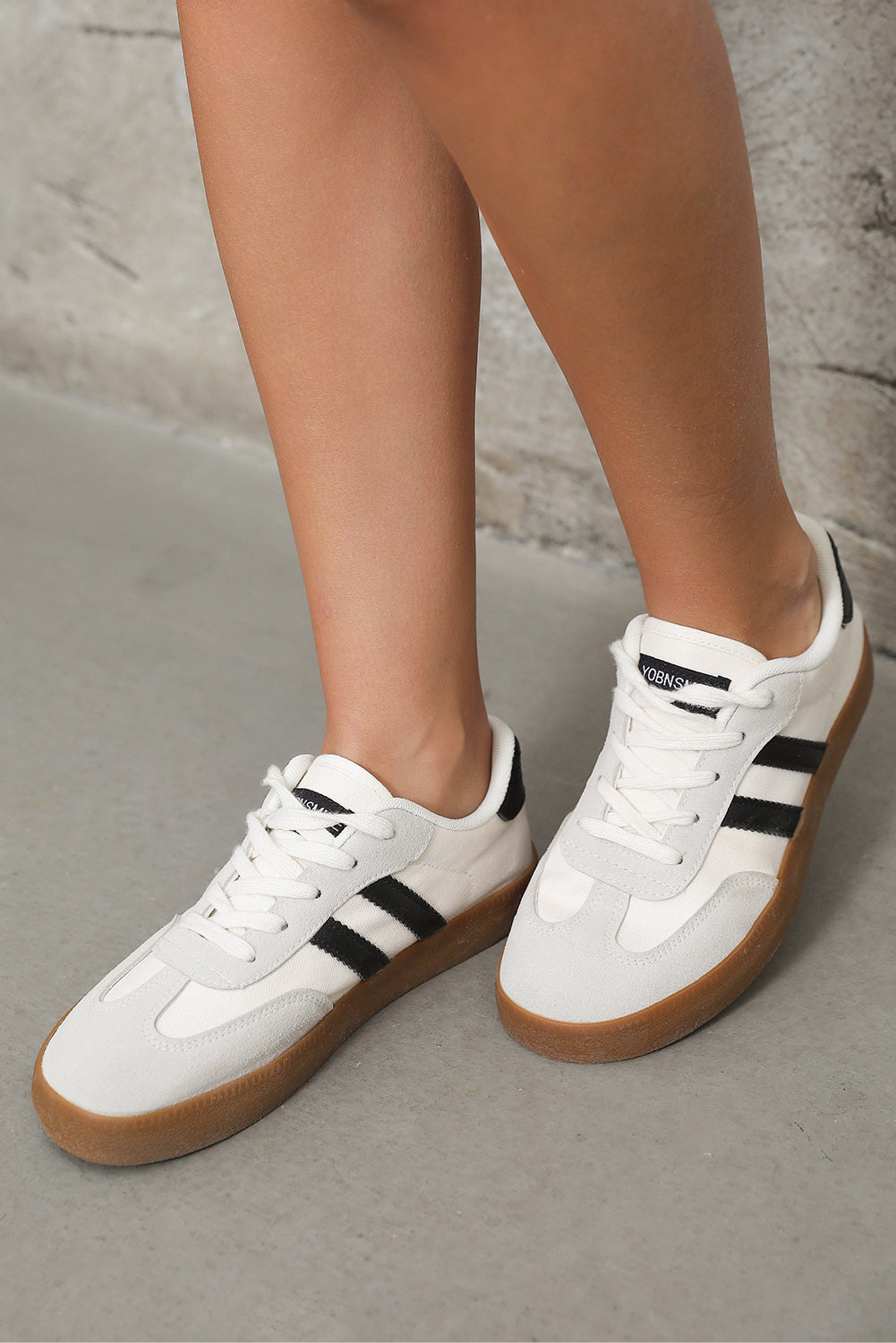 White Striped Lace-Up Flat Sneakers