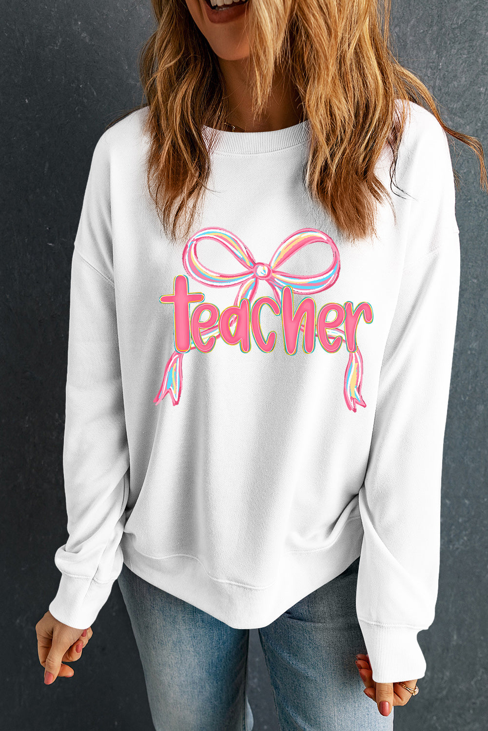Teacher Bow Graphic Pullover Sweatshirt