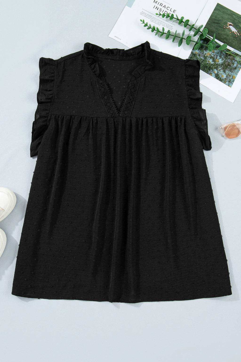 Plus Size Swiss Dot Ruffle Lace V Neck Tank Top