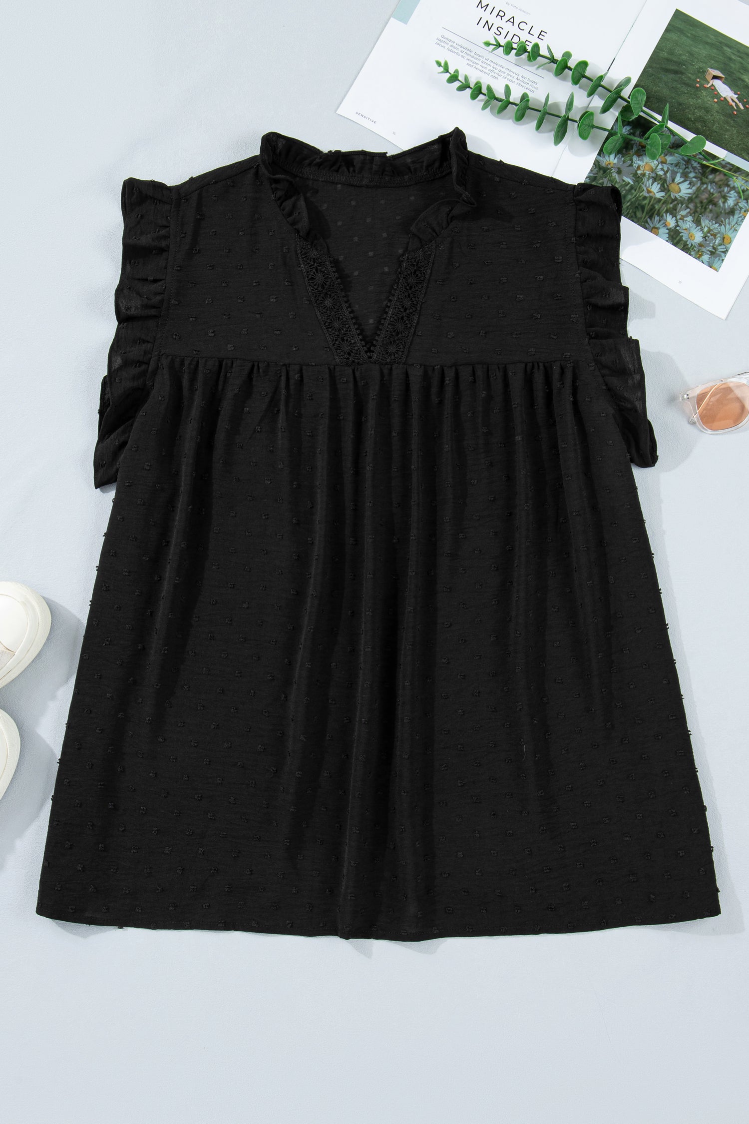 Plus Size Swiss Dot Ruffle Lace V Neck Tank Top