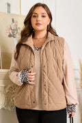 Camel Plus Size Quilted Cord Snap Button Vest Jacket