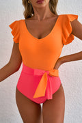 Ruffled Knotted Backless One Piece Swimsuit