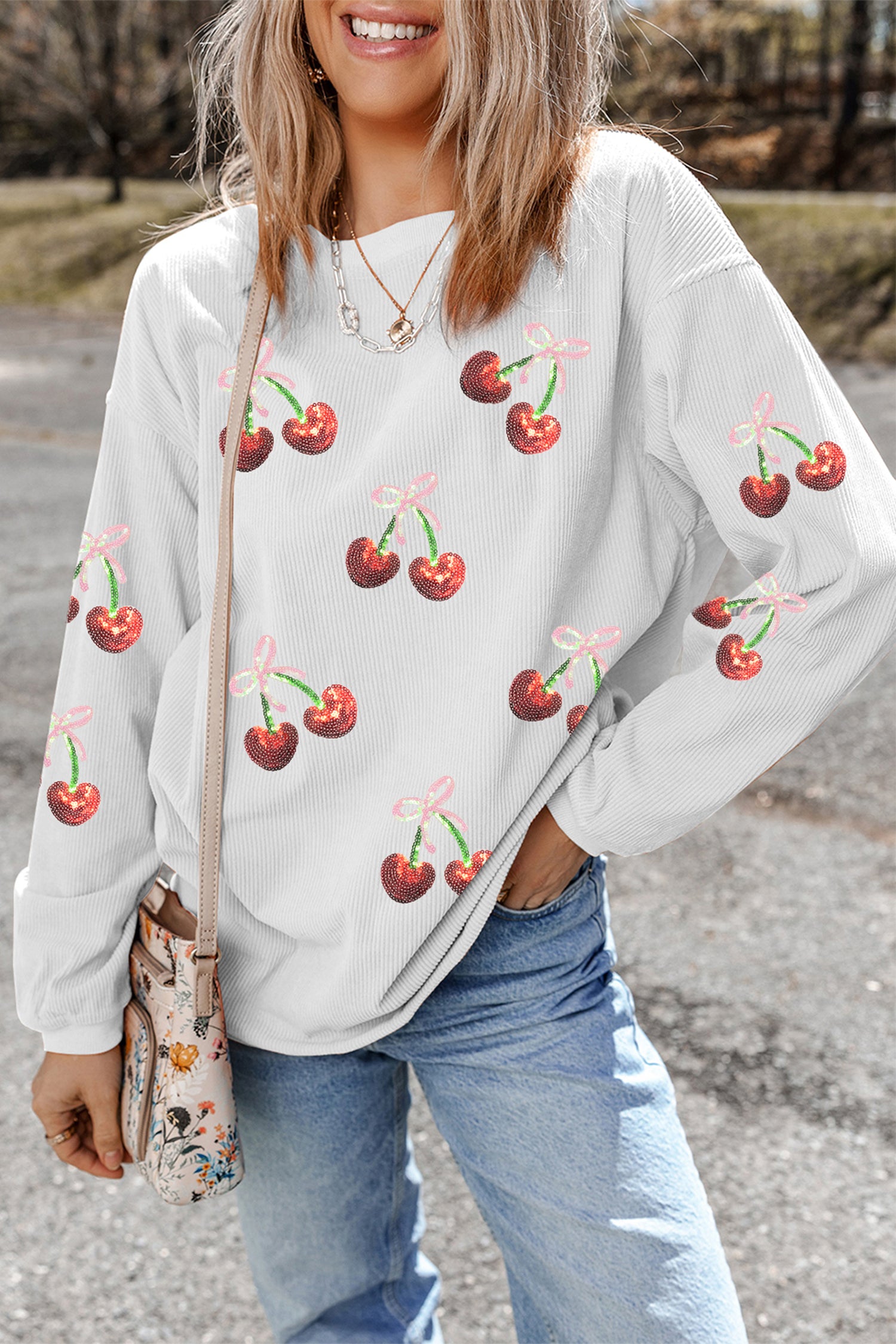 Ribbed Sequin Cherry Bow Drop Shoulder Sweatshirt