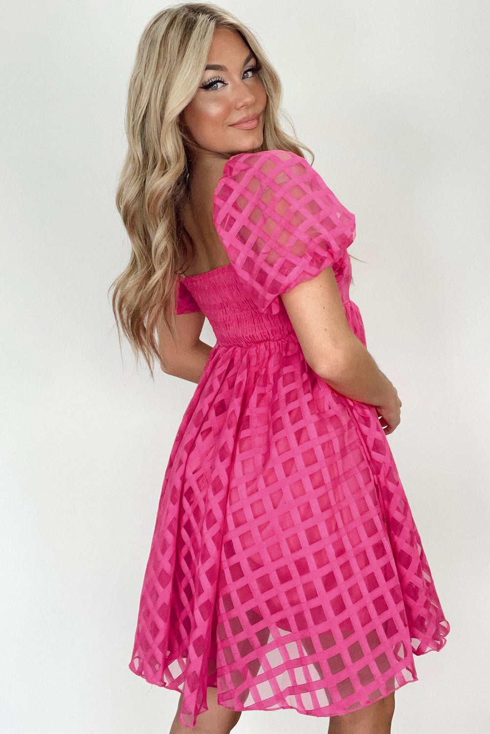 Checkered Puff Sleeve Dress
