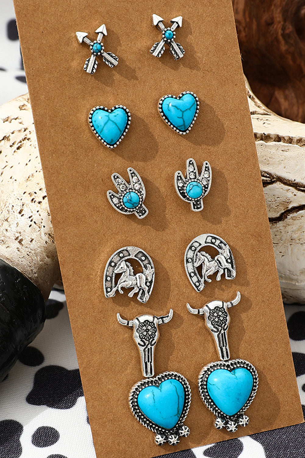 6 Pairs Western Turquoise Alloy Stud Earrings