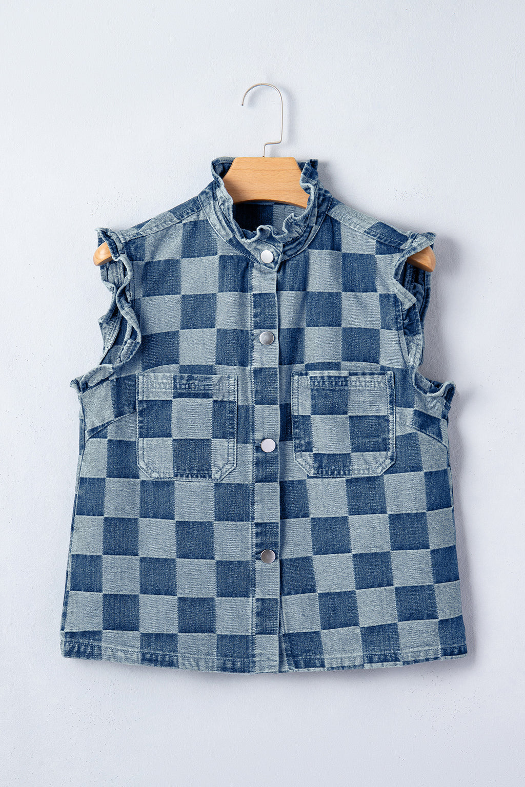 Checkered Ruffle Button Down Denim Vest
