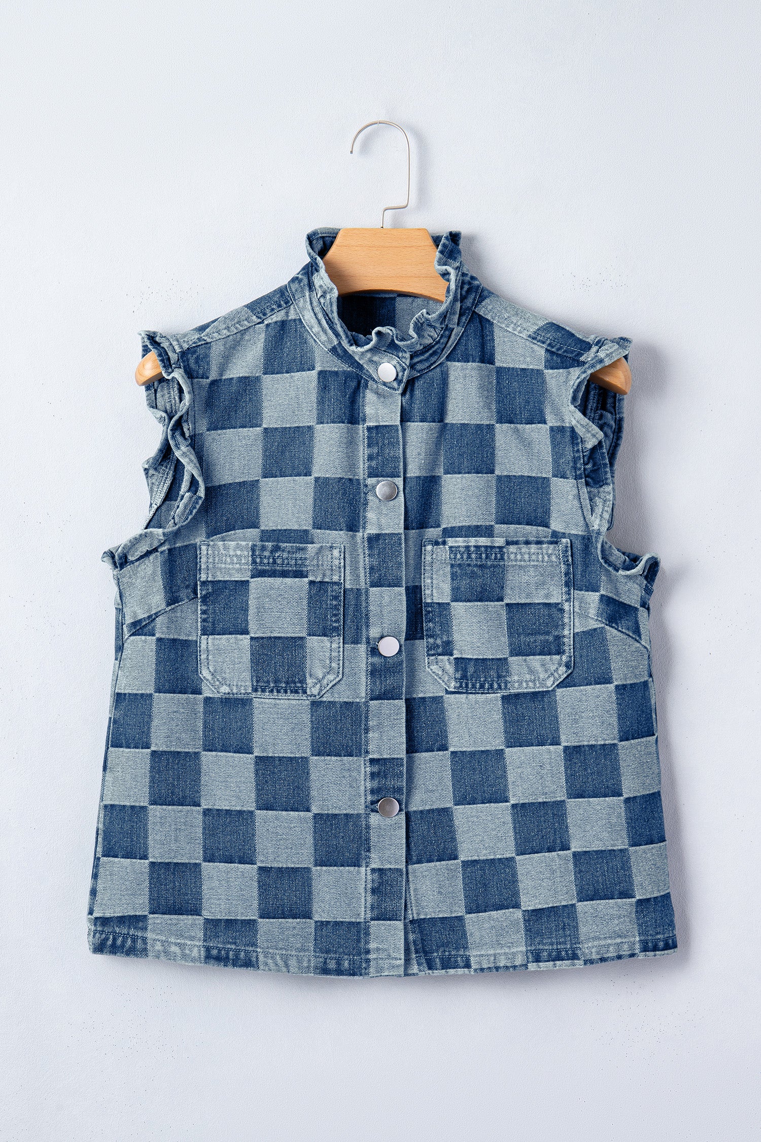 Checkered Ruffle Button Down Denim Vest