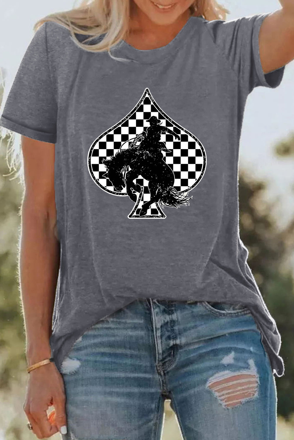 Gray Redeo Check Spades Western Graphic T Shirt