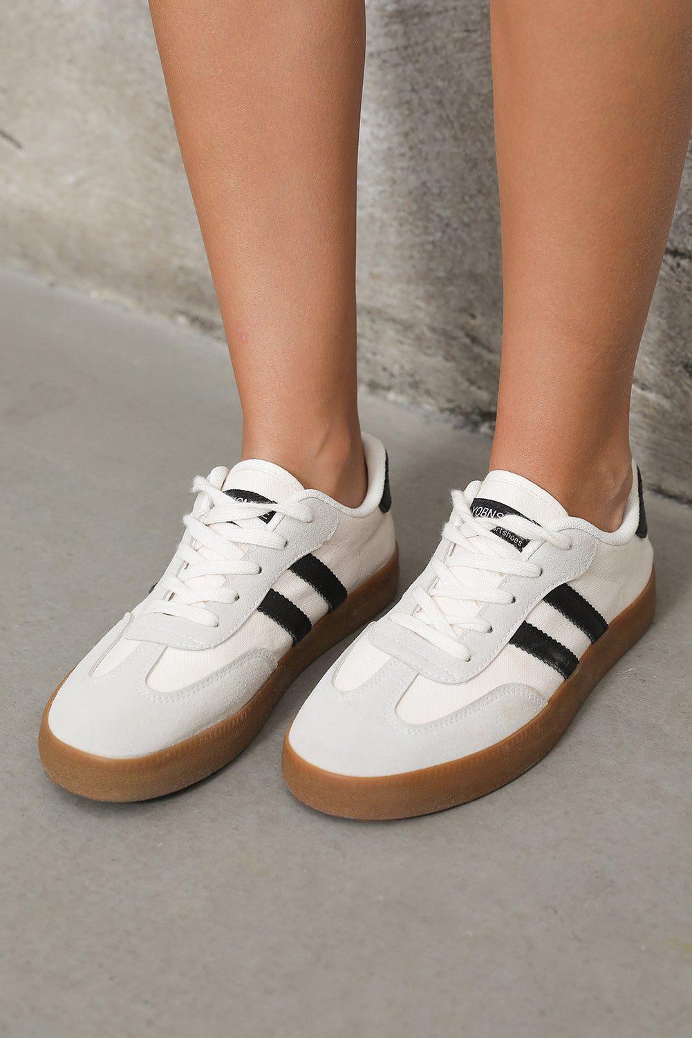 White Striped Lace-Up Flat Sneakers