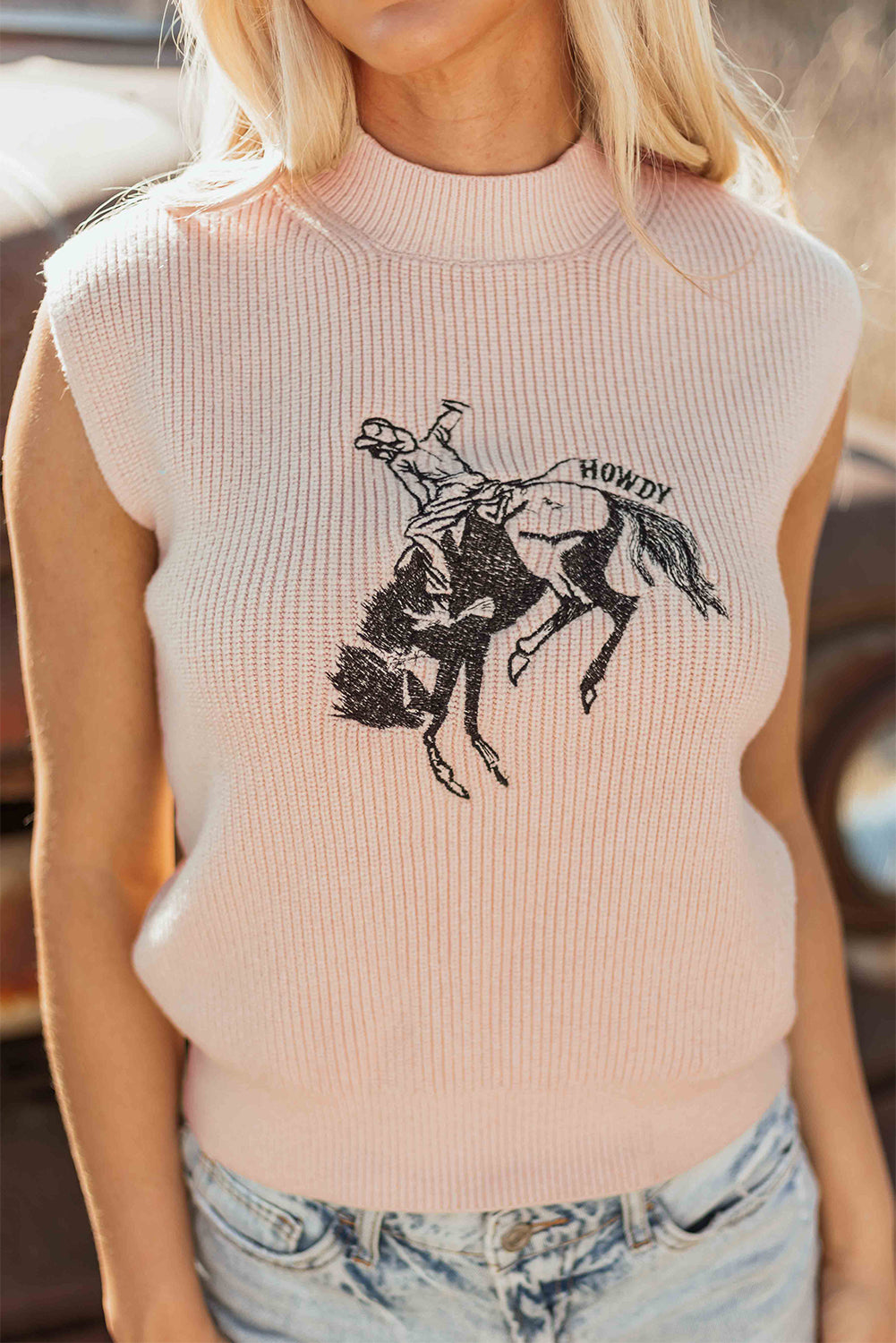 Howdy Rodeo Cowboy Graphic Short Sleeve Sweater