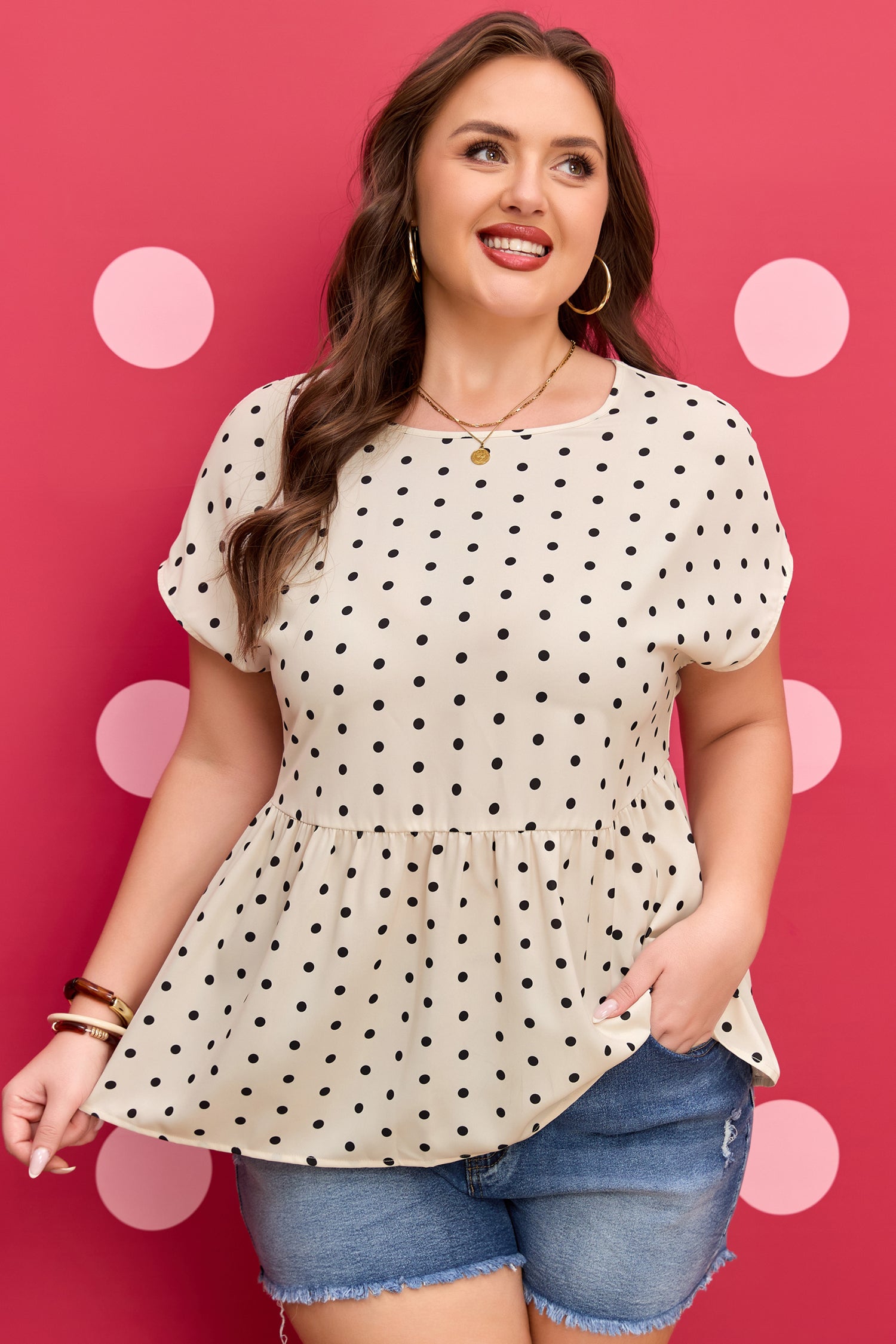 Plus Size Polka Dot Short Sleeve Blouse