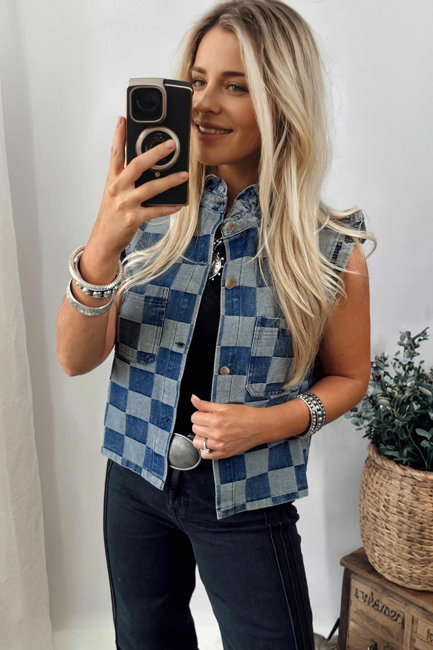 Checkered Ruffle Button Down Denim Vest