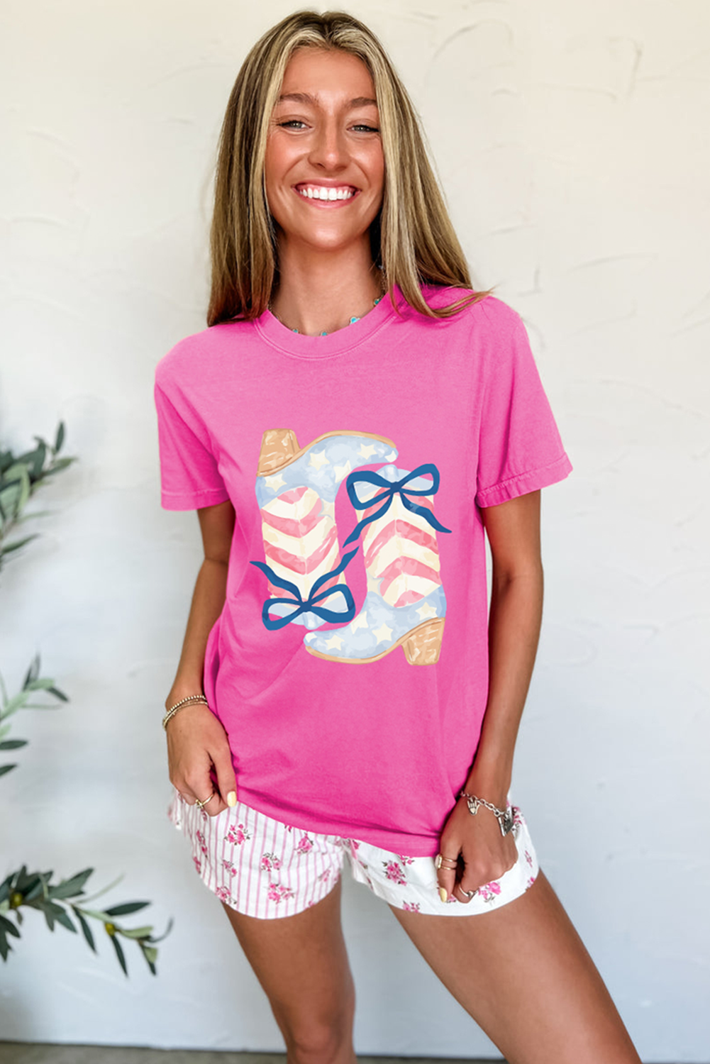 Flag Pattern Boots Bow Casual Graphic Tee