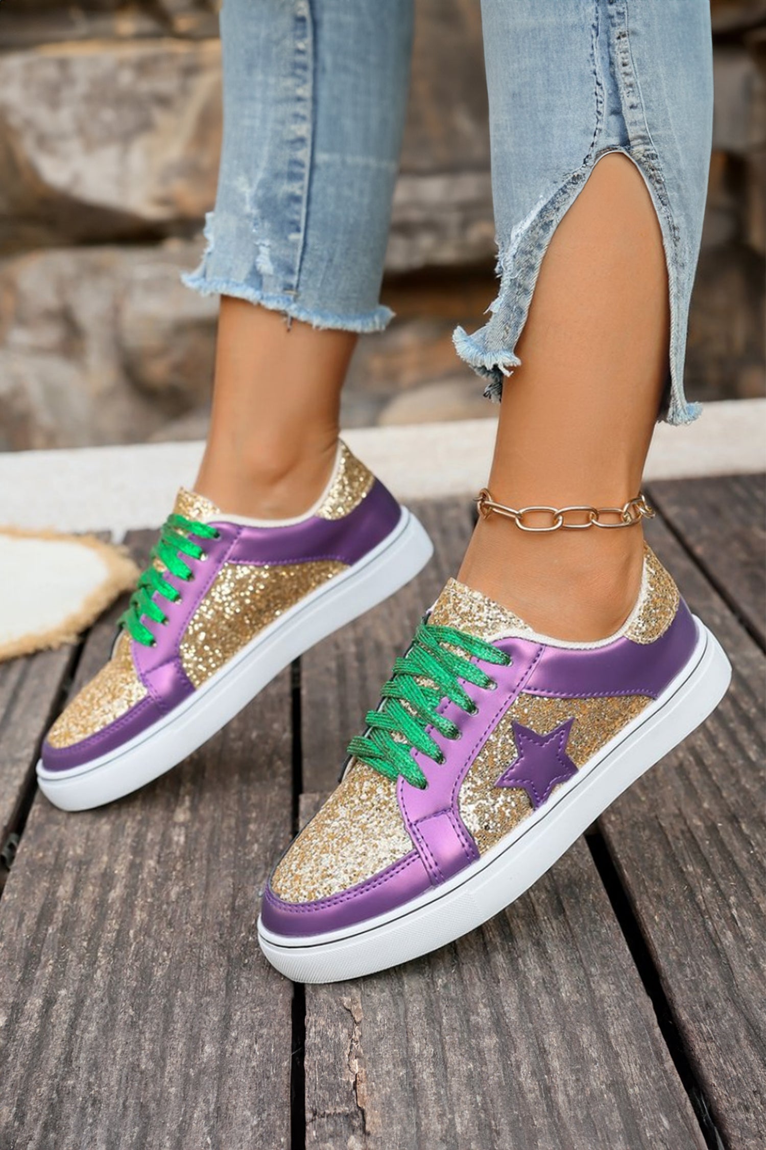 Dearlove Gold Glitter Star Patchwork PU Leather Lace-up Sneakers