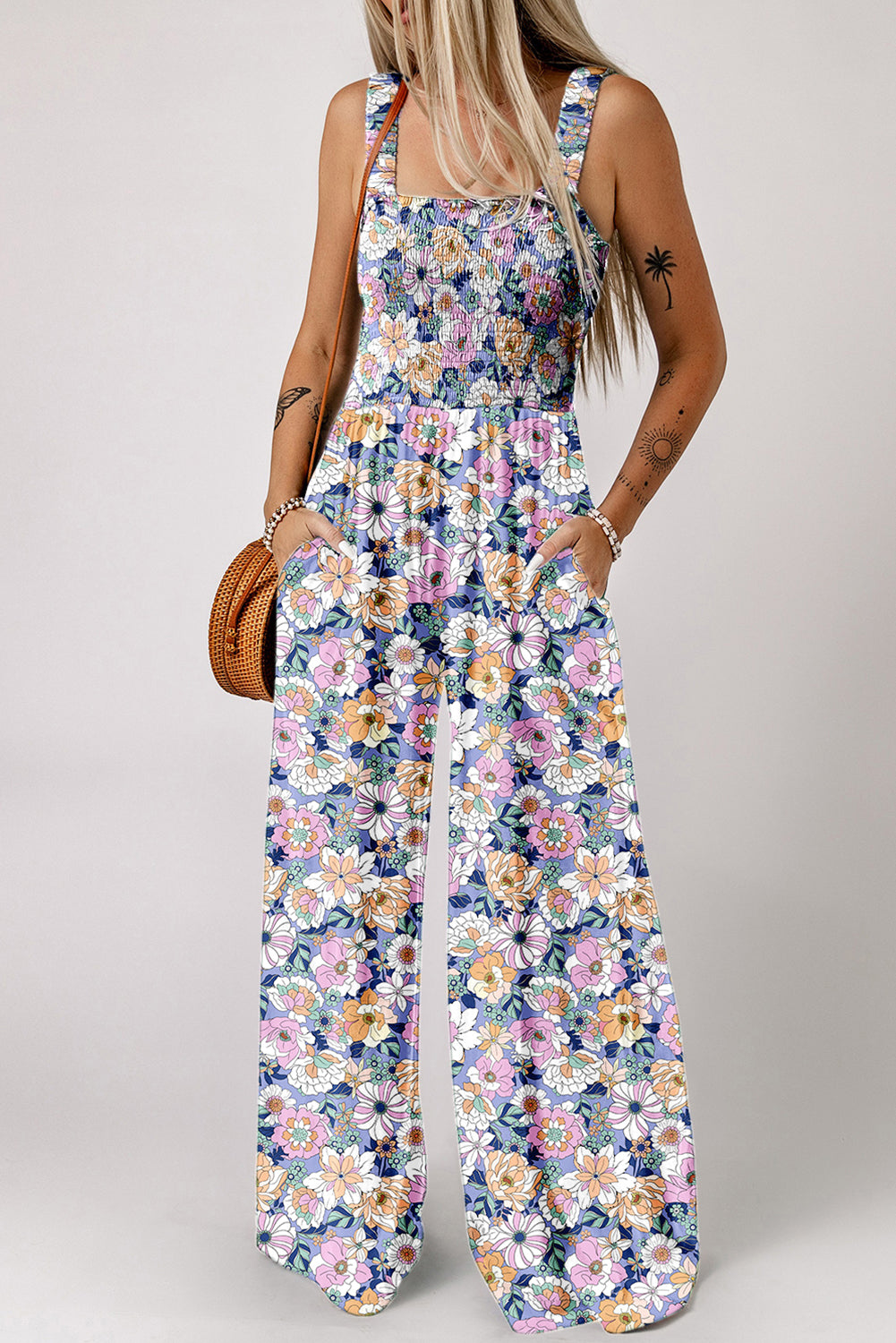 Floral Smocked High Waist Jumpsuit