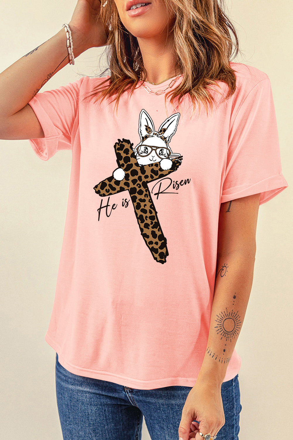 He is Risen Easter Bunny Leopard Cross Graphic Tee