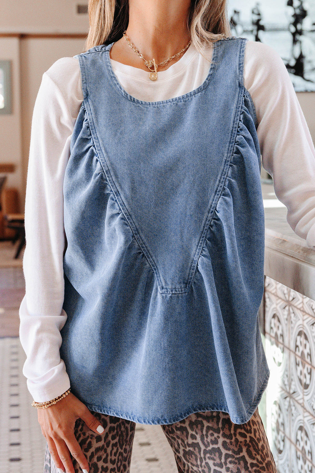 Denim Pleated Patchwork Sleeveless Top