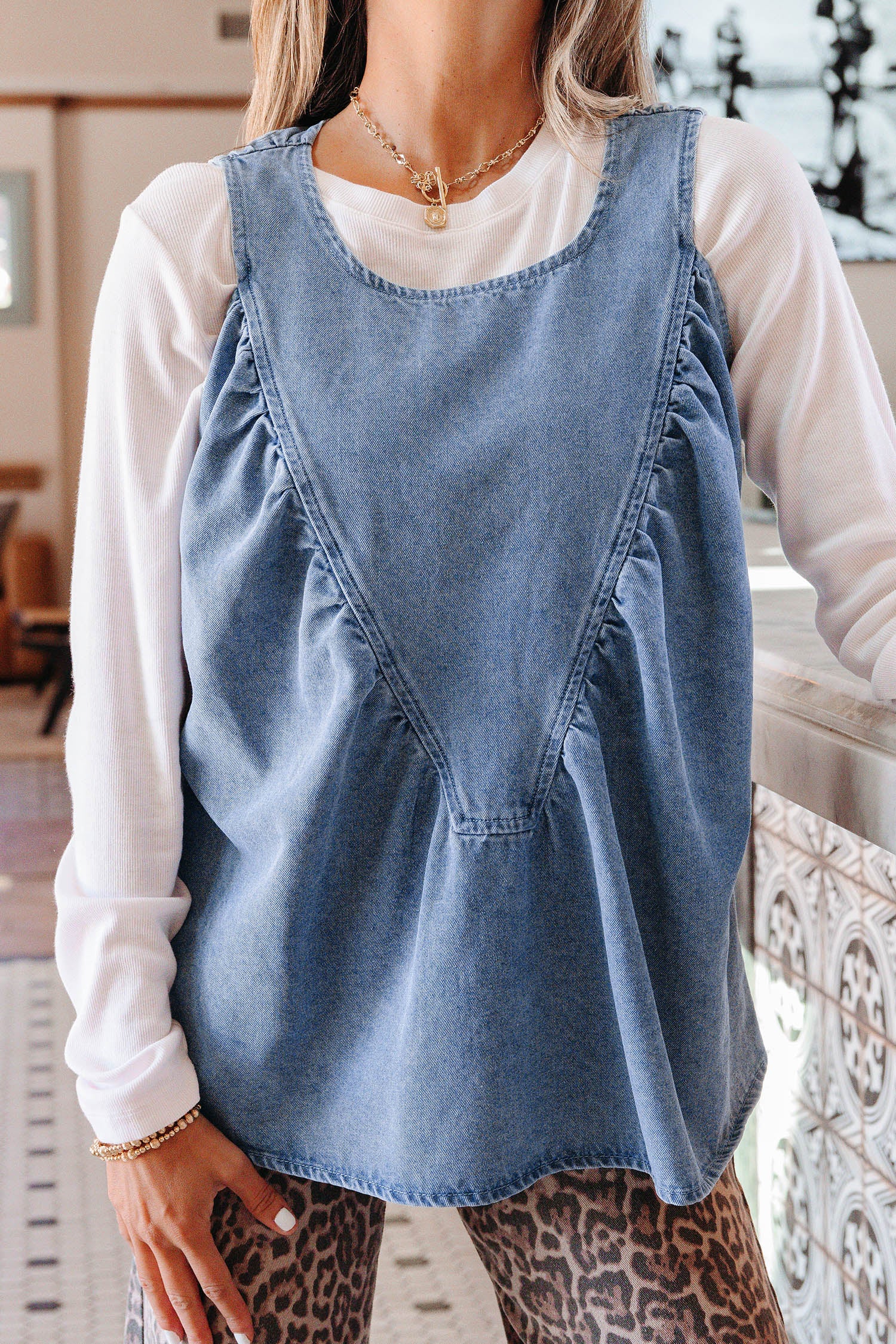 Denim Pleated Patchwork Sleeveless Top
