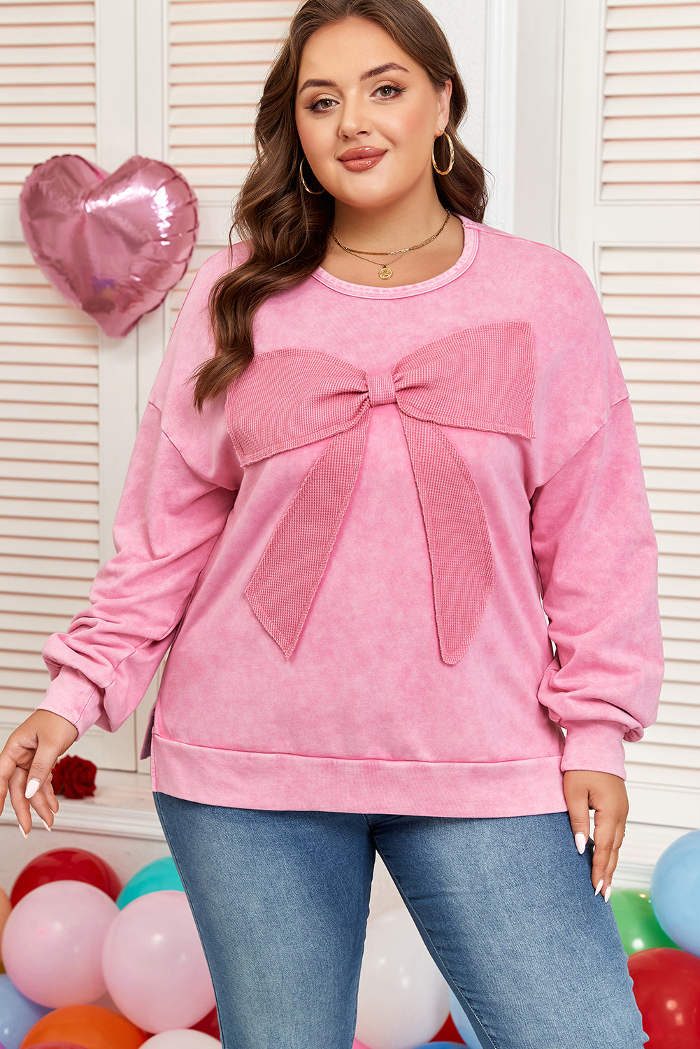 Bonbon Waffle Bowknot Patchwork Graphic Mineral Wash Plus Size Sweatshirt
