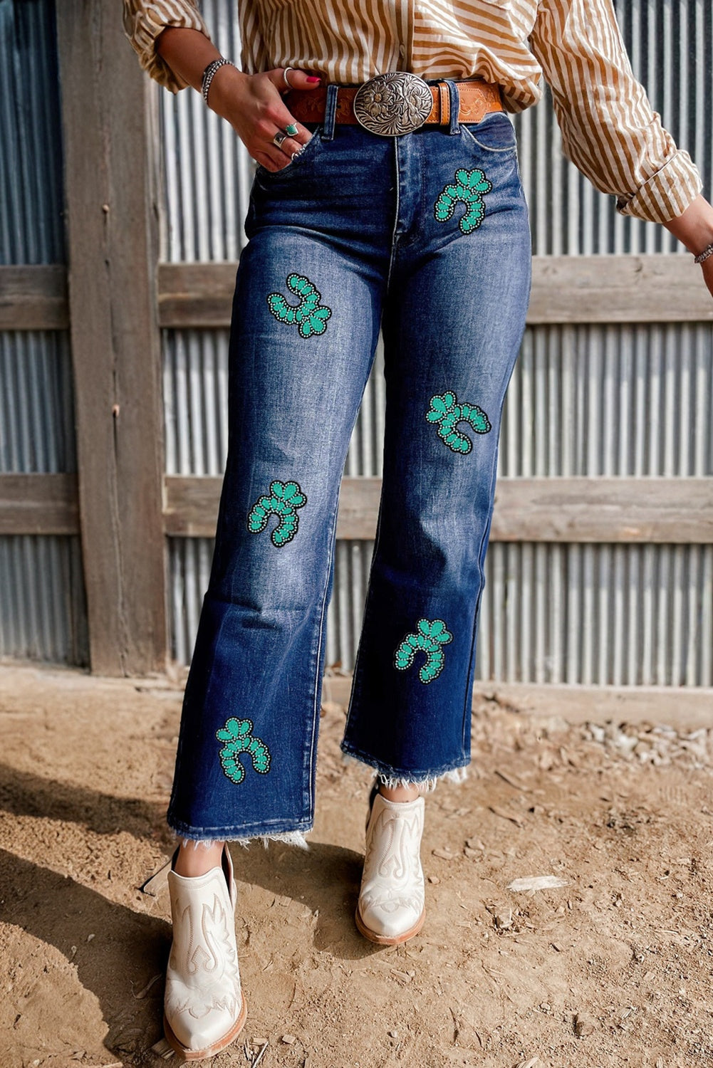 Turquoise Pattern Cropped High Waist Jeans