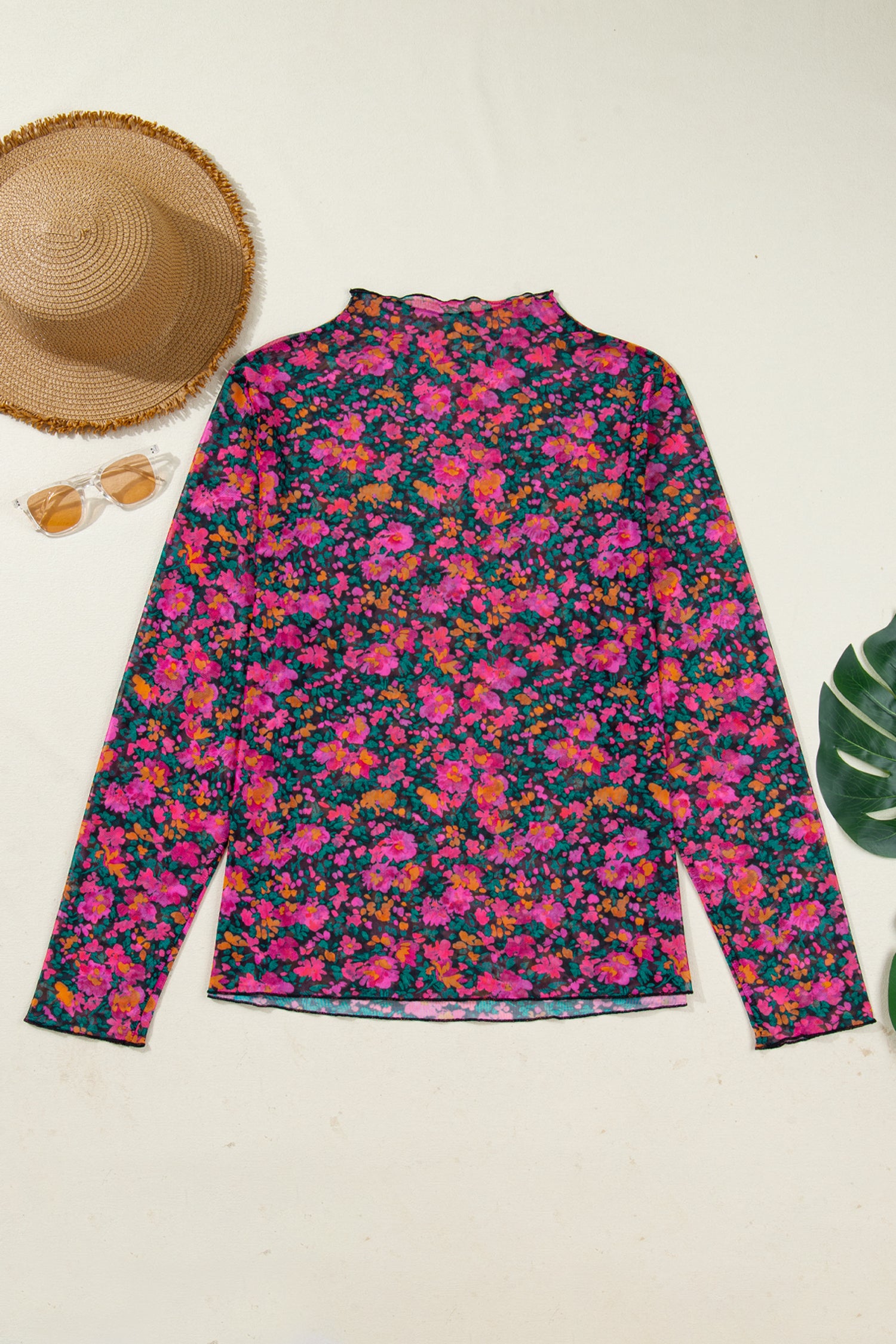 Plus Size Floral Print Mesh Long Sleeve Top