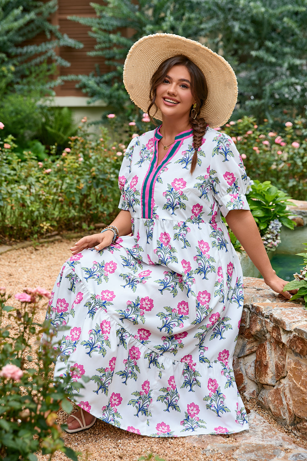 Floral Short Puff Sleeve Curvy Dress
