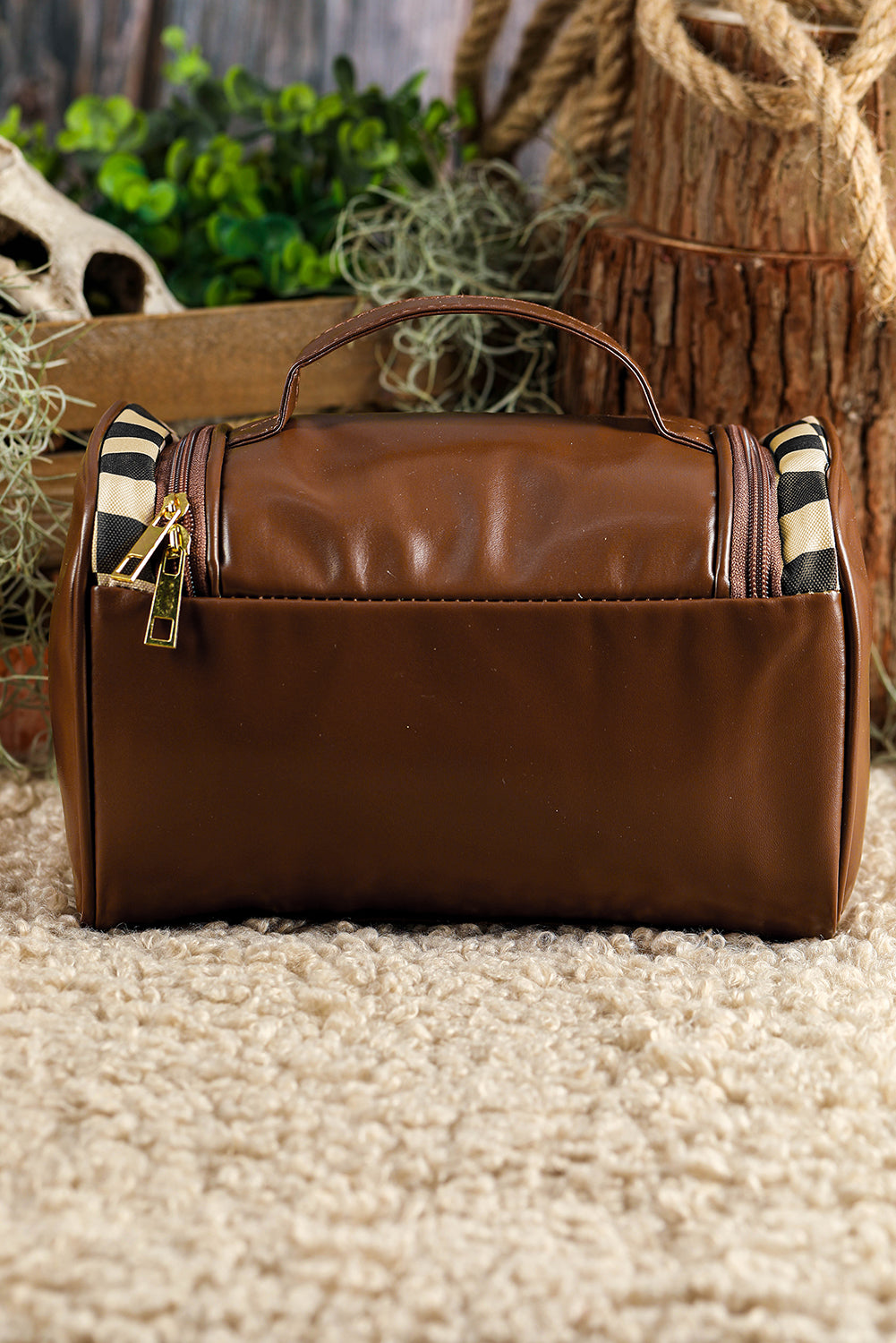 Checkered Leather Zipper Makeup Bag