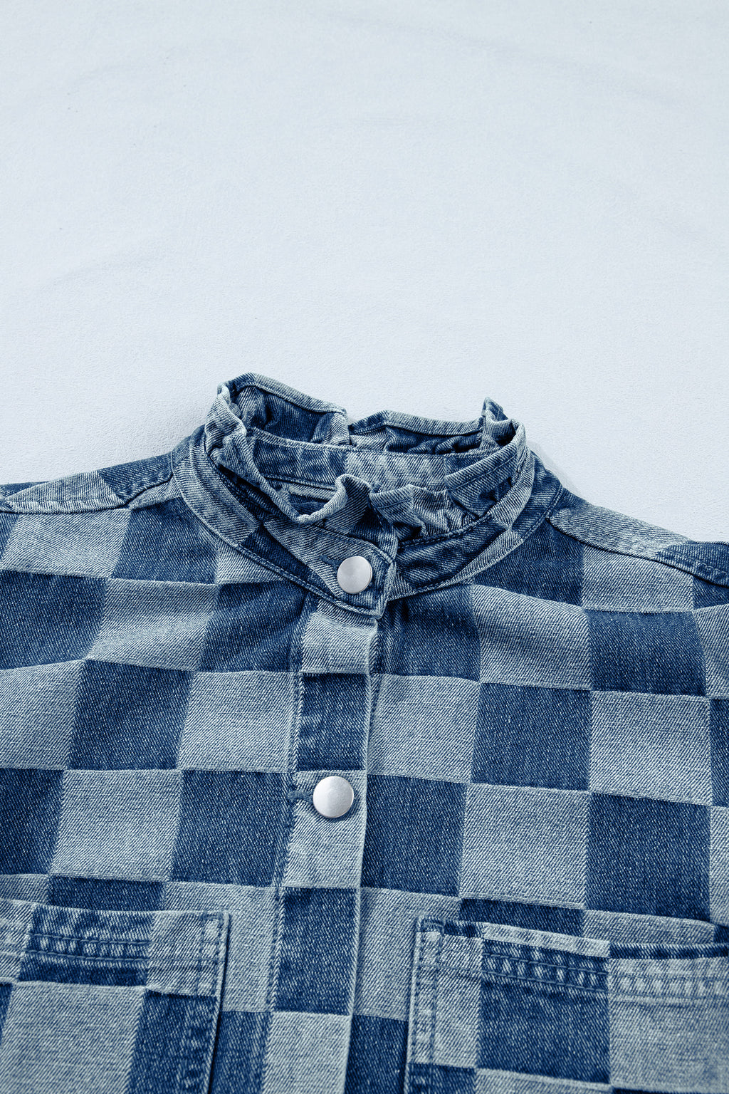 Checkered Ruffle Button Down Denim Vest