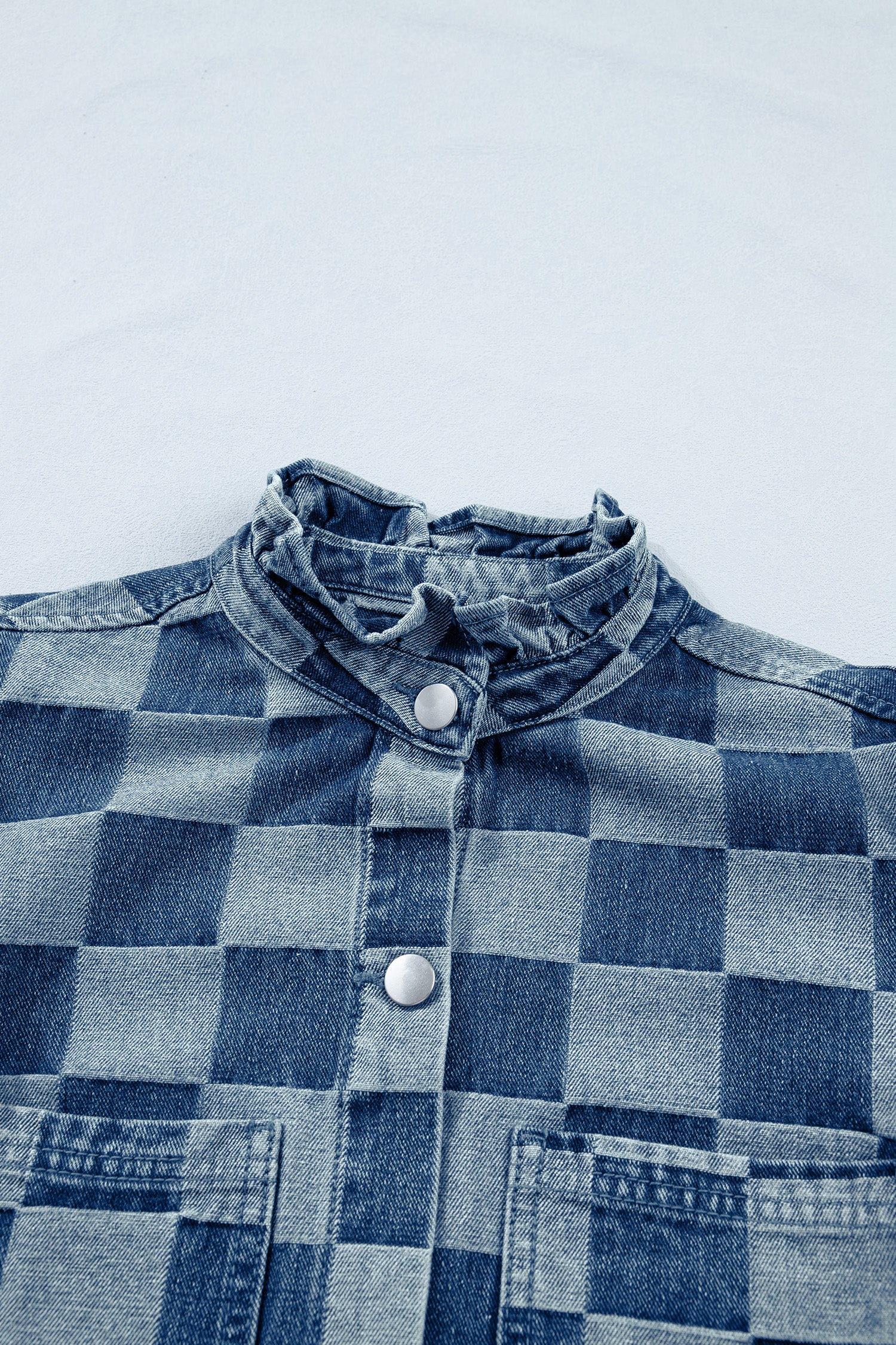 Checkered Ruffle Button Down Denim Vest