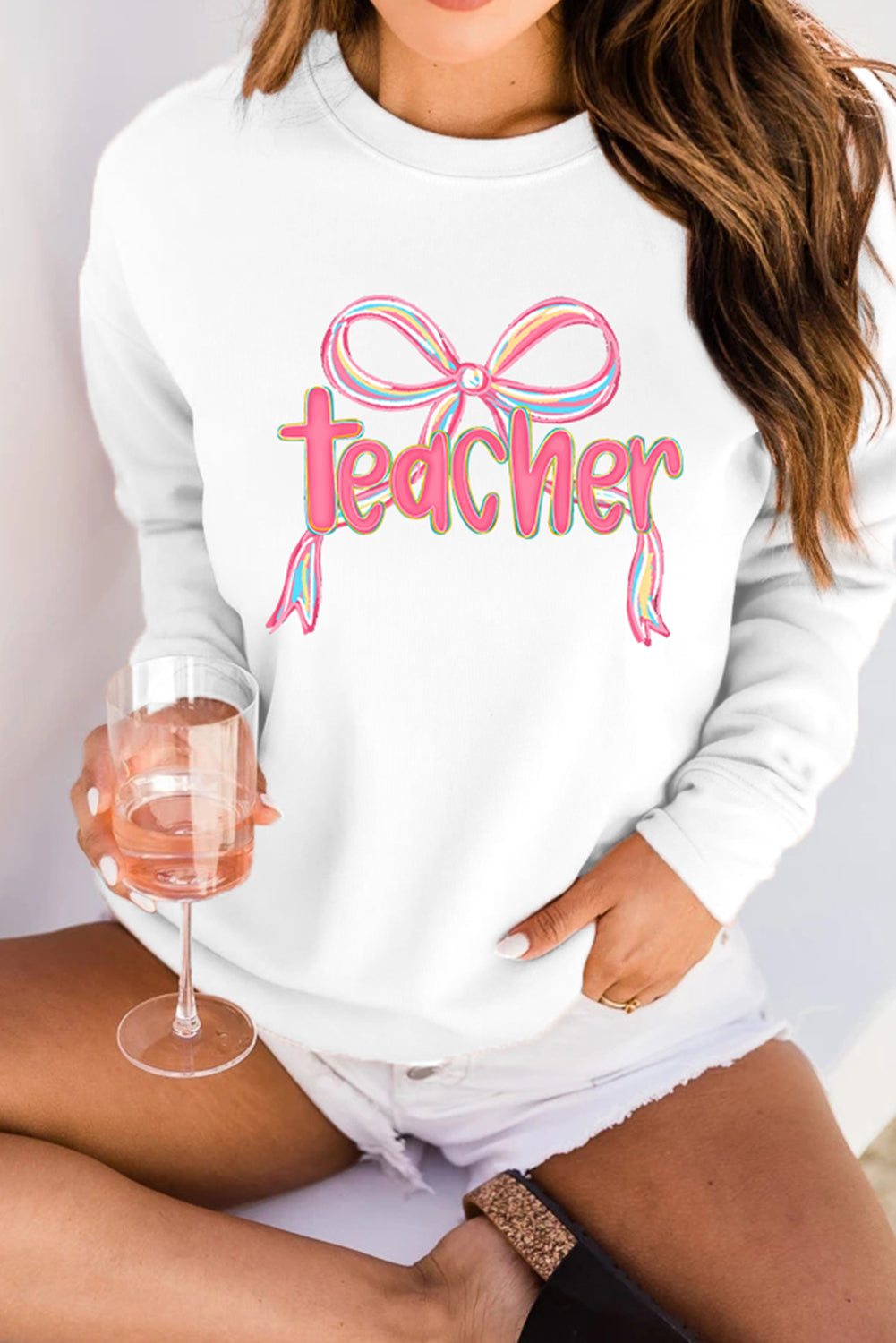 Teacher Bow Graphic Pullover Sweatshirt